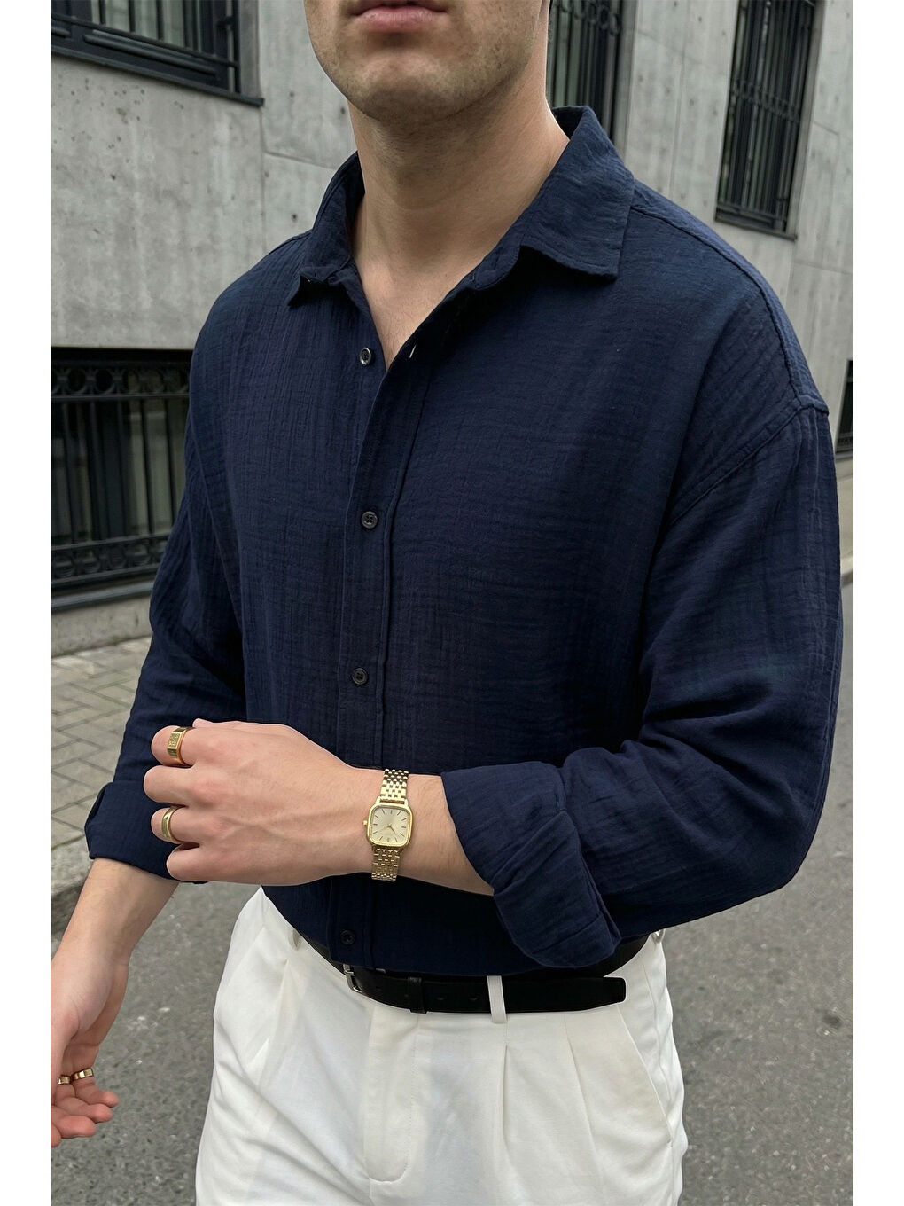 Lacivert Yurin Erkek Premium Müslin %100 Pamuk Oversize Uzun Kollu Gömlek-4