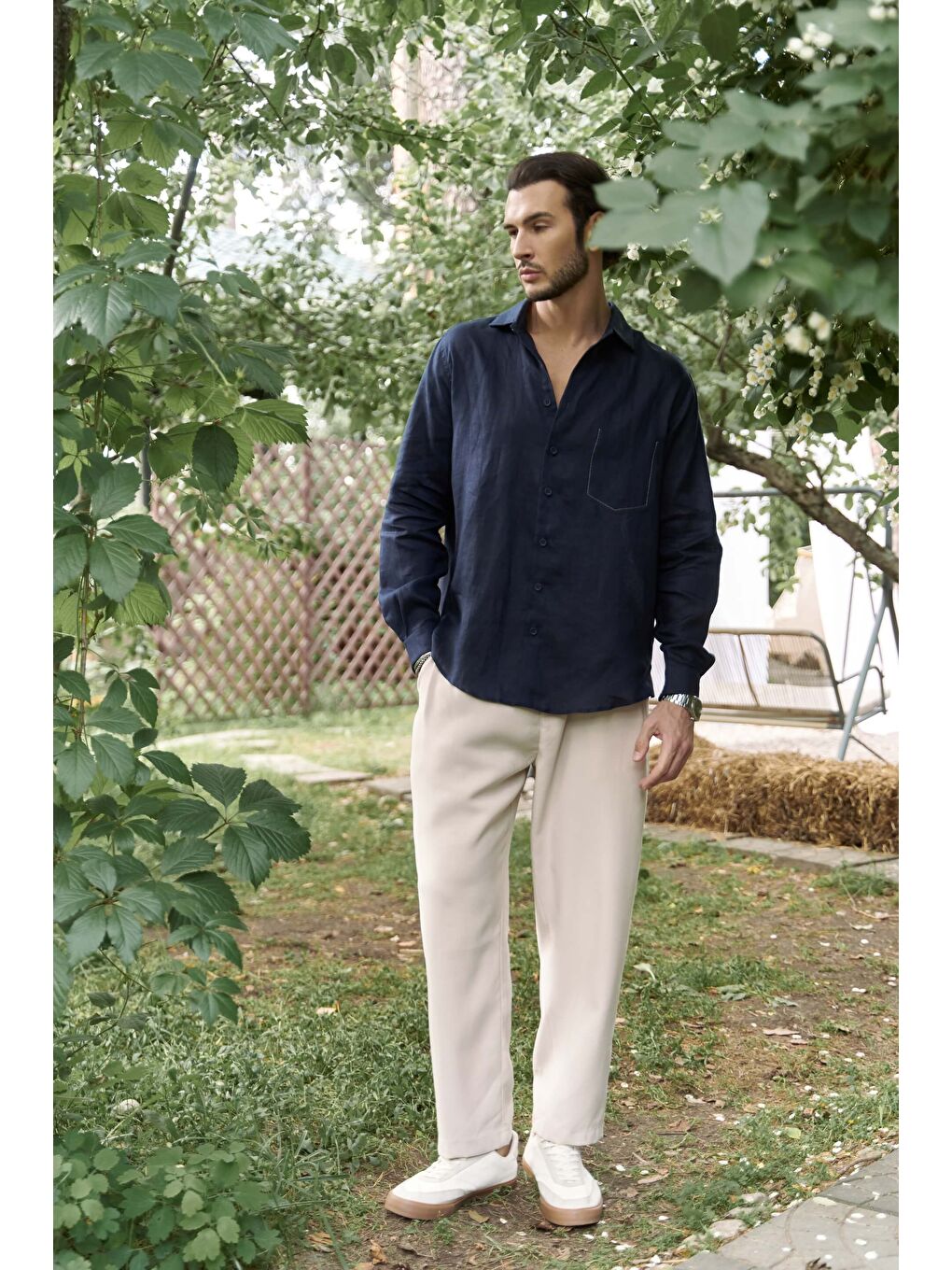 Ombretta Lacivert Keten Oversize Erkek Gömlek-1