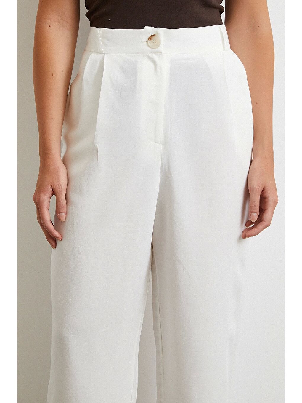 Ekru Çift Pileli Keten Pantolon Krem-4