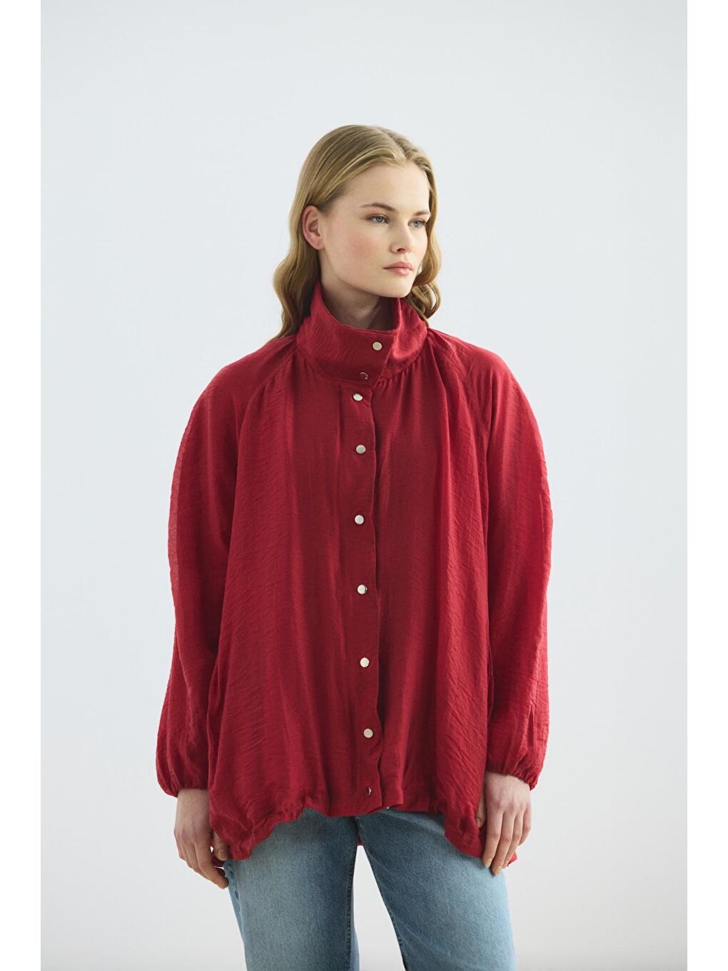 Dik Yaka Büzgülü Bomber Ceket Kırmızı-4