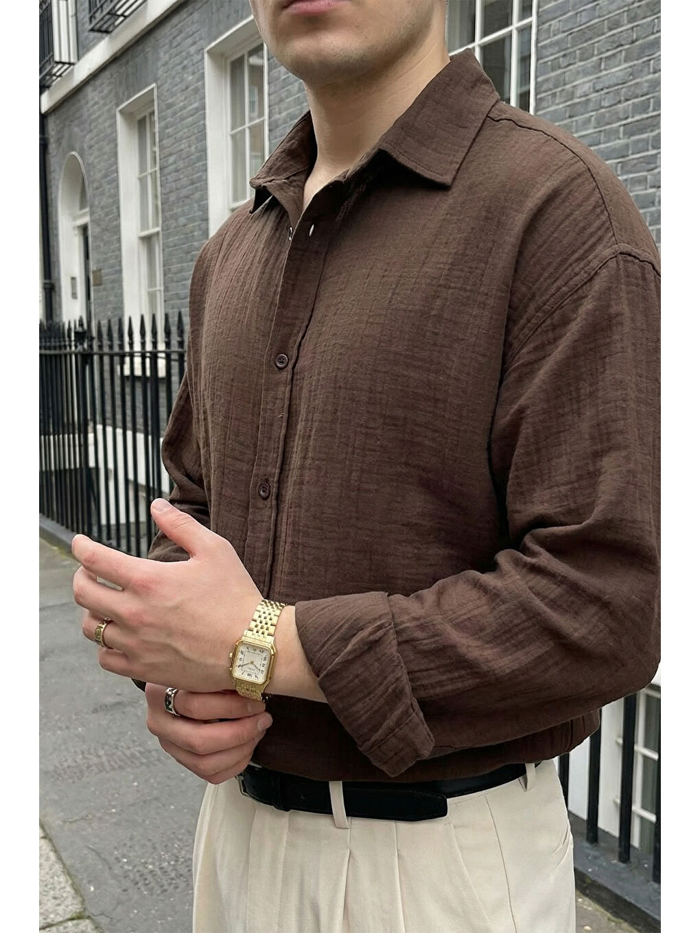 Kahverengi Yurin Erkek Premium Müslin %100 Pamuk Oversize Uzun Kollu Gömlek-2