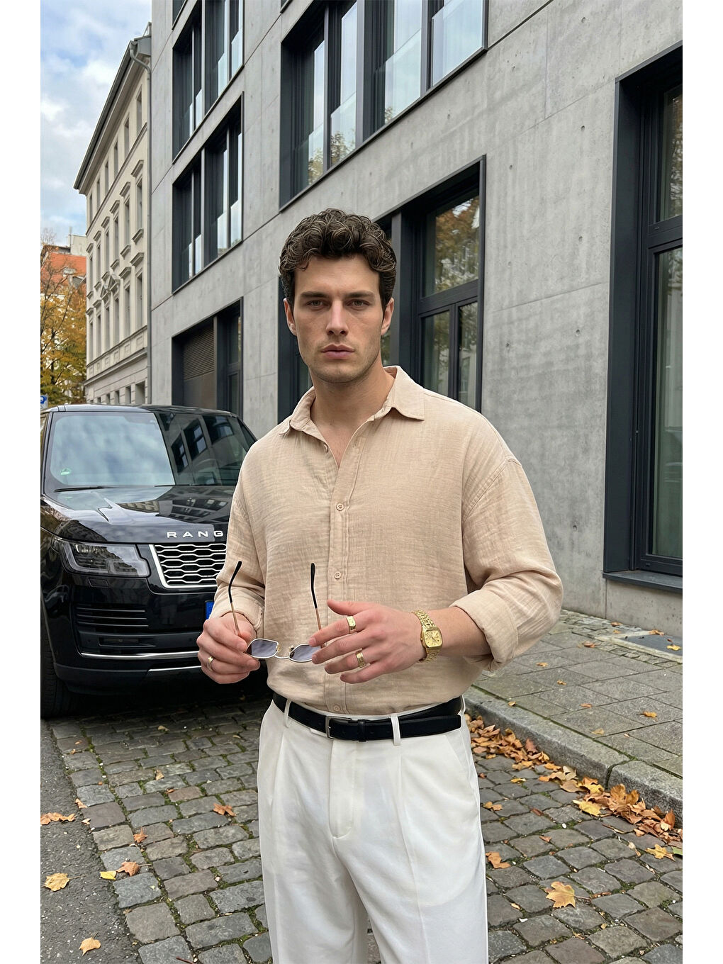 Bej Yurin Erkek Premium Müslin %100 Pamuk Oversize Uzun Kollu Gömlek