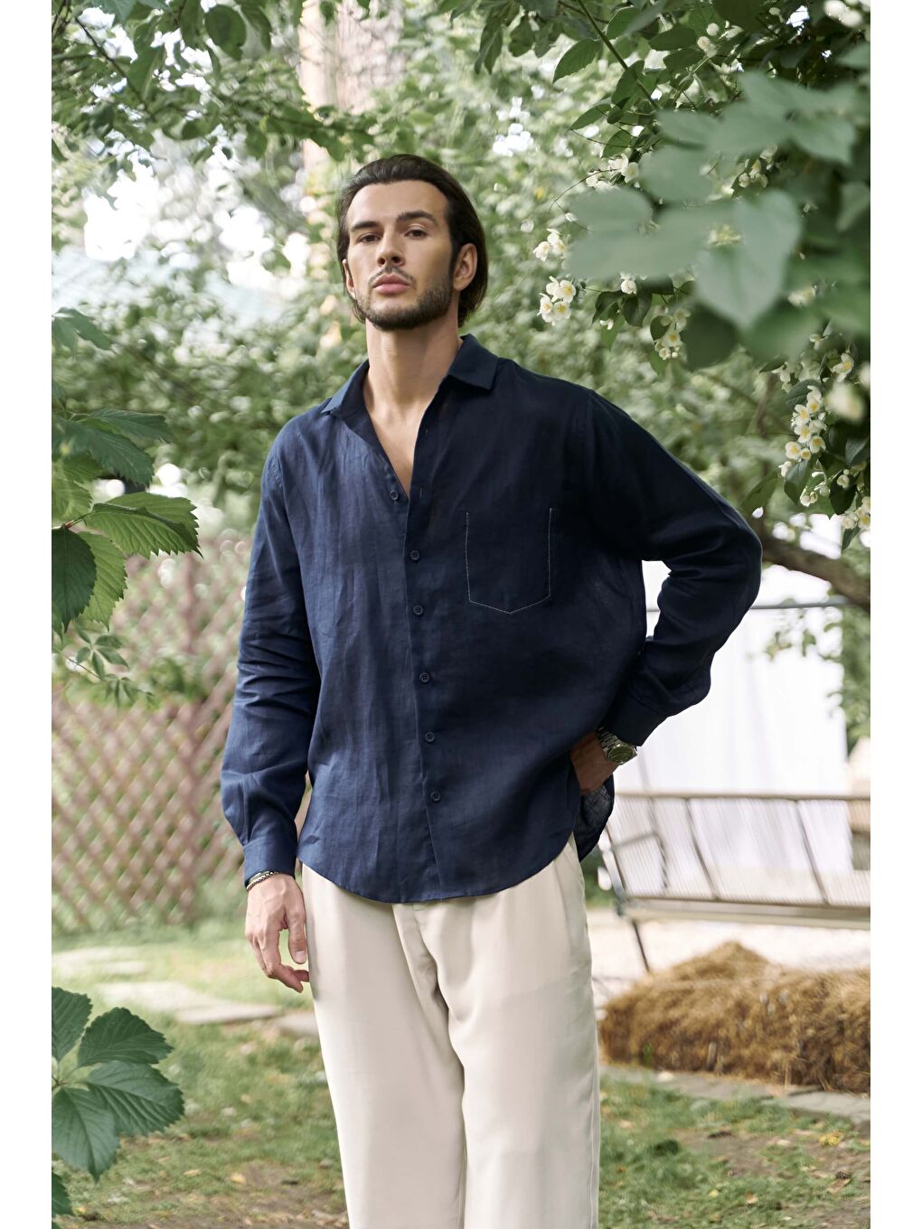 Ombretta Lacivert Keten Oversize Erkek Gömlek-2