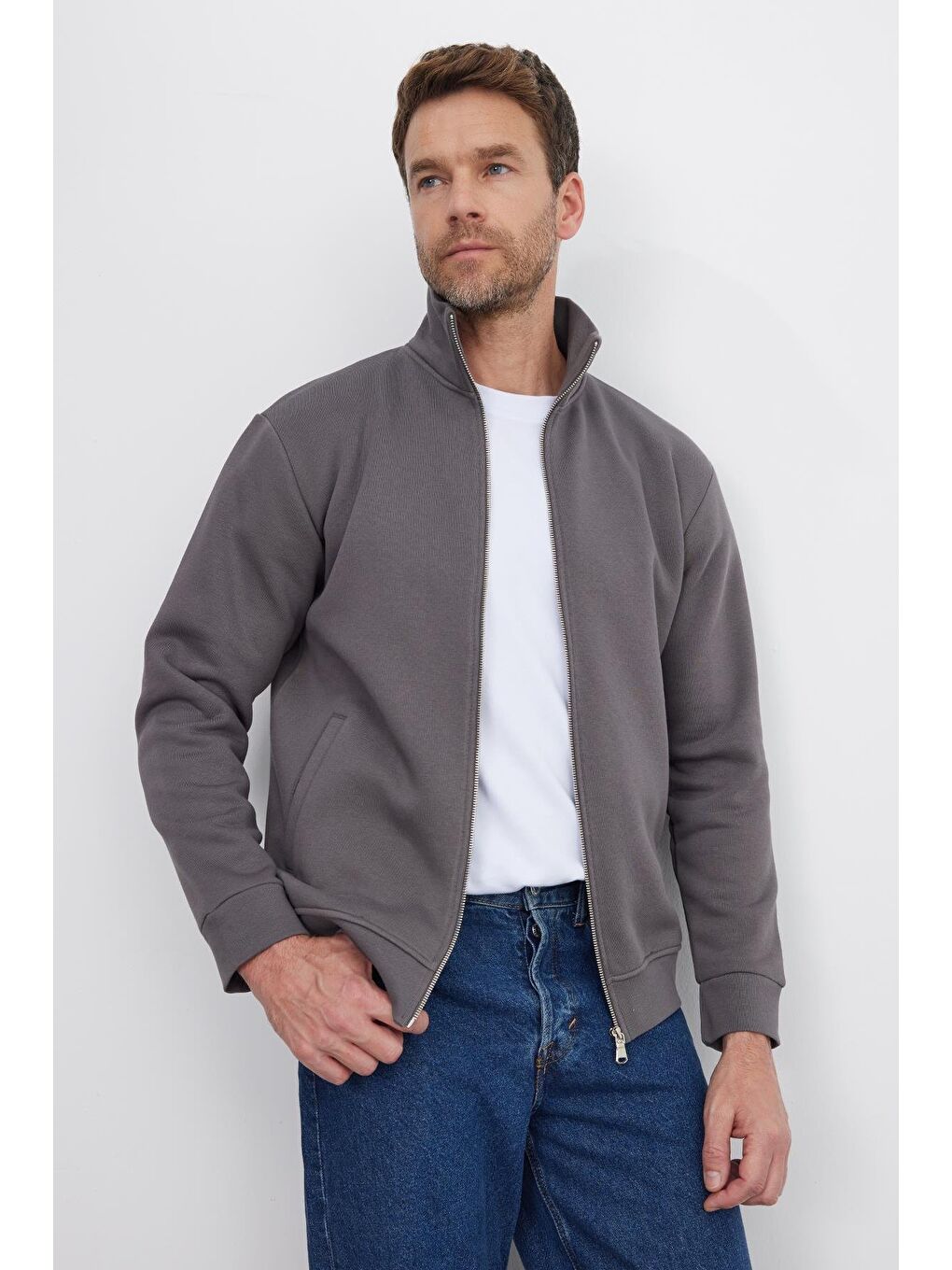 Unisex Relax Fit Rahat Kesim Pamuklu 3 İplik İçi Polarlı Fermuarlı Cepli Gri Sweatshirt Hırka-4