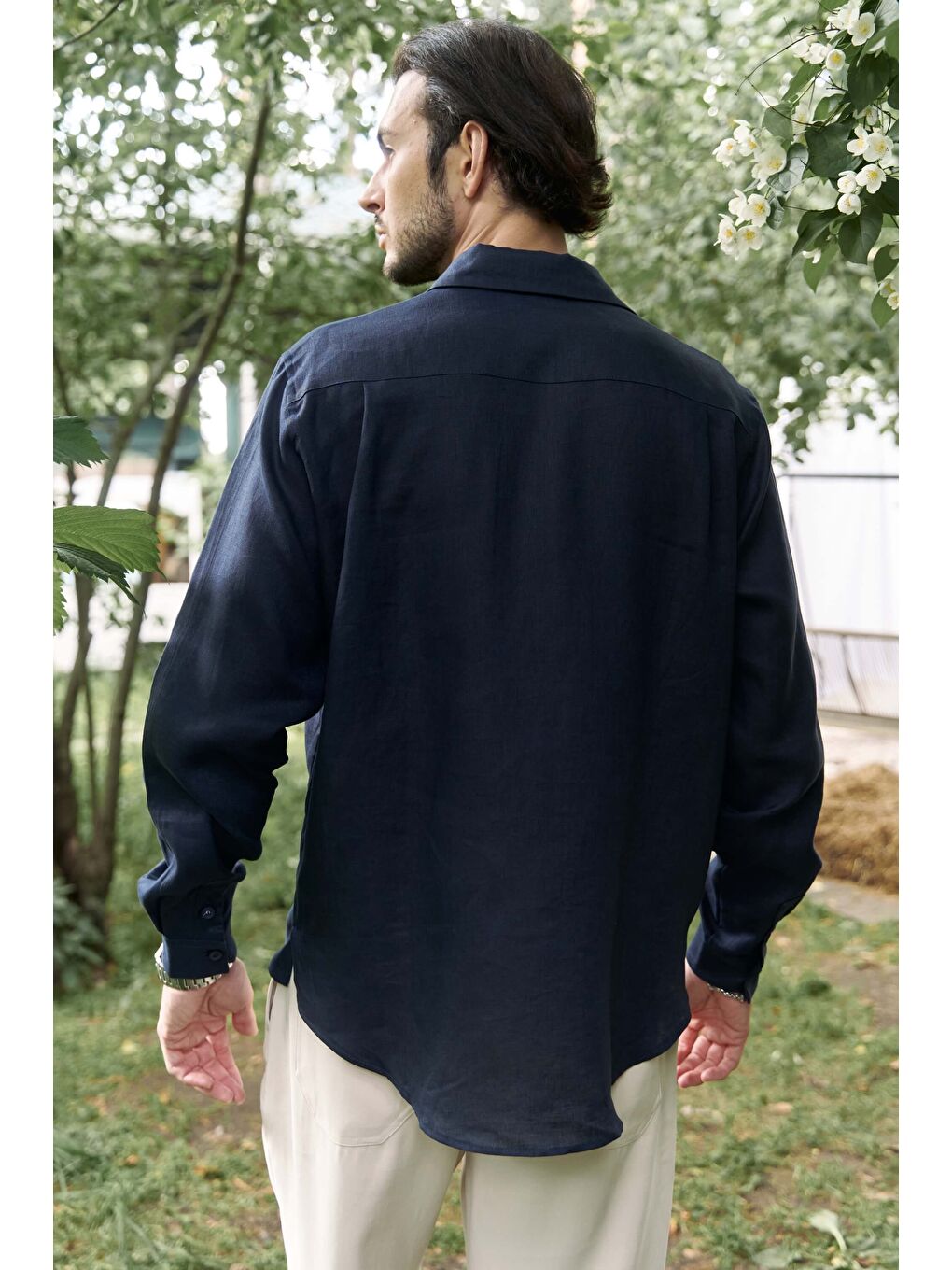Ombretta Lacivert Keten Oversize Erkek Gömlek-3