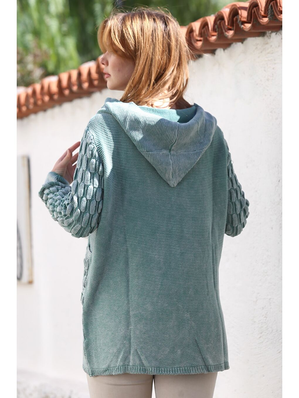 Yeşil Mint Kapüşonlu Uzun Kol Düğmeli Cepli Yıkamalı Casual Ajur Örgü Triko Ceket 82 72-5