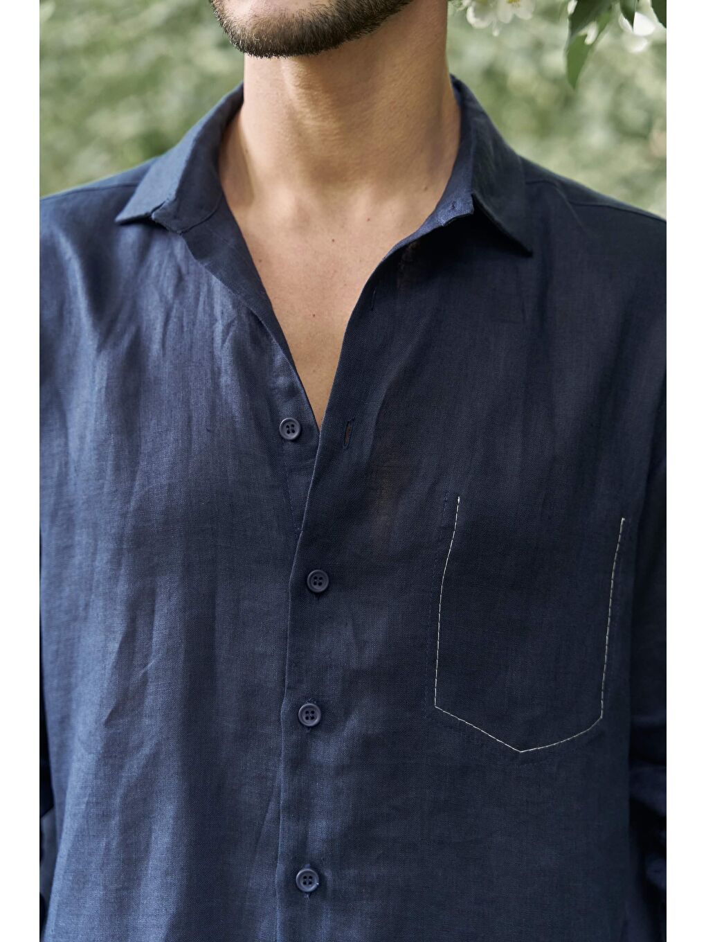 Ombretta Lacivert Keten Oversize Erkek Gömlek-4