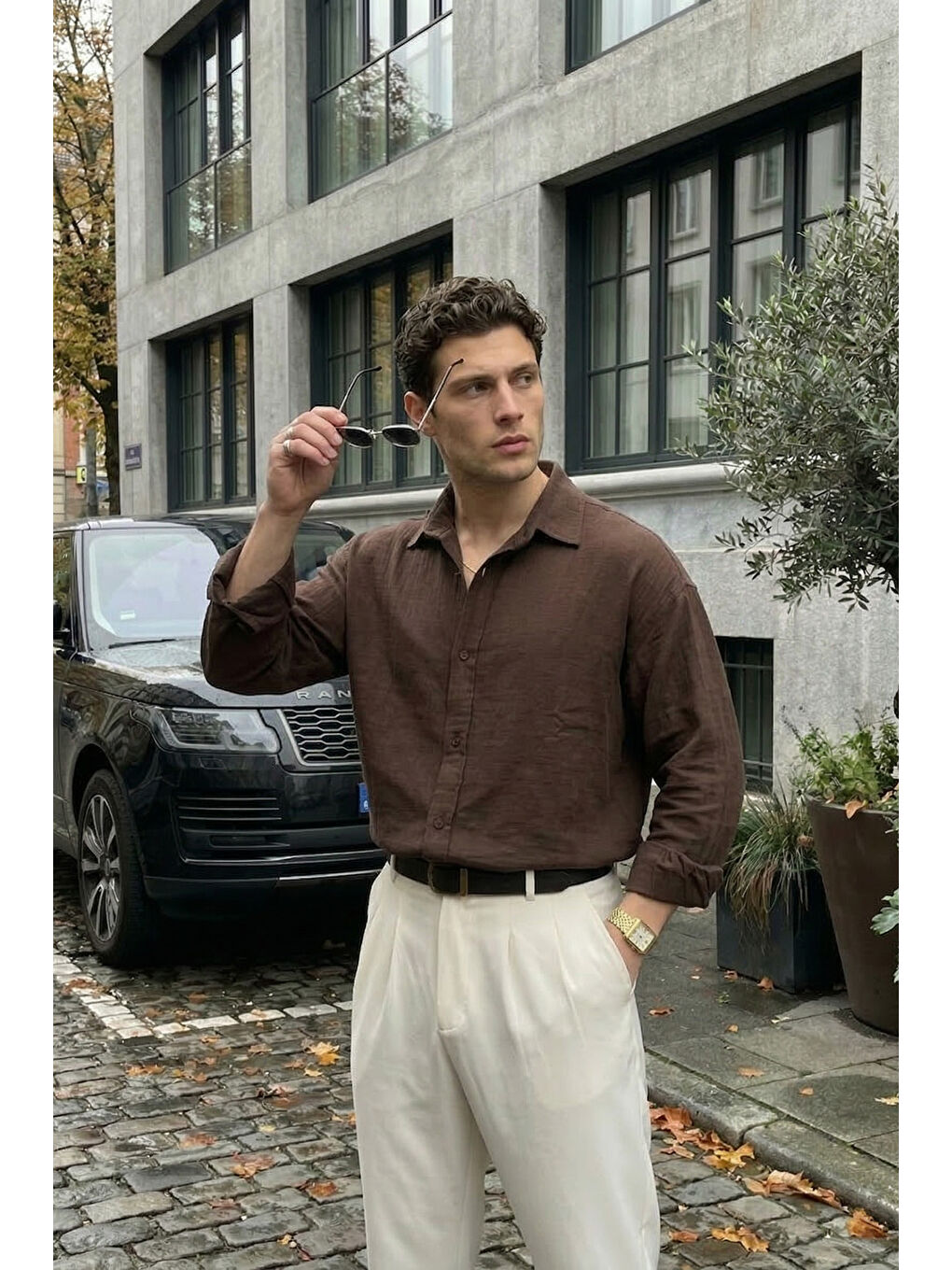 Kahverengi Yurin Erkek Premium Müslin %100 Pamuk Oversize Uzun Kollu Gömlek-3
