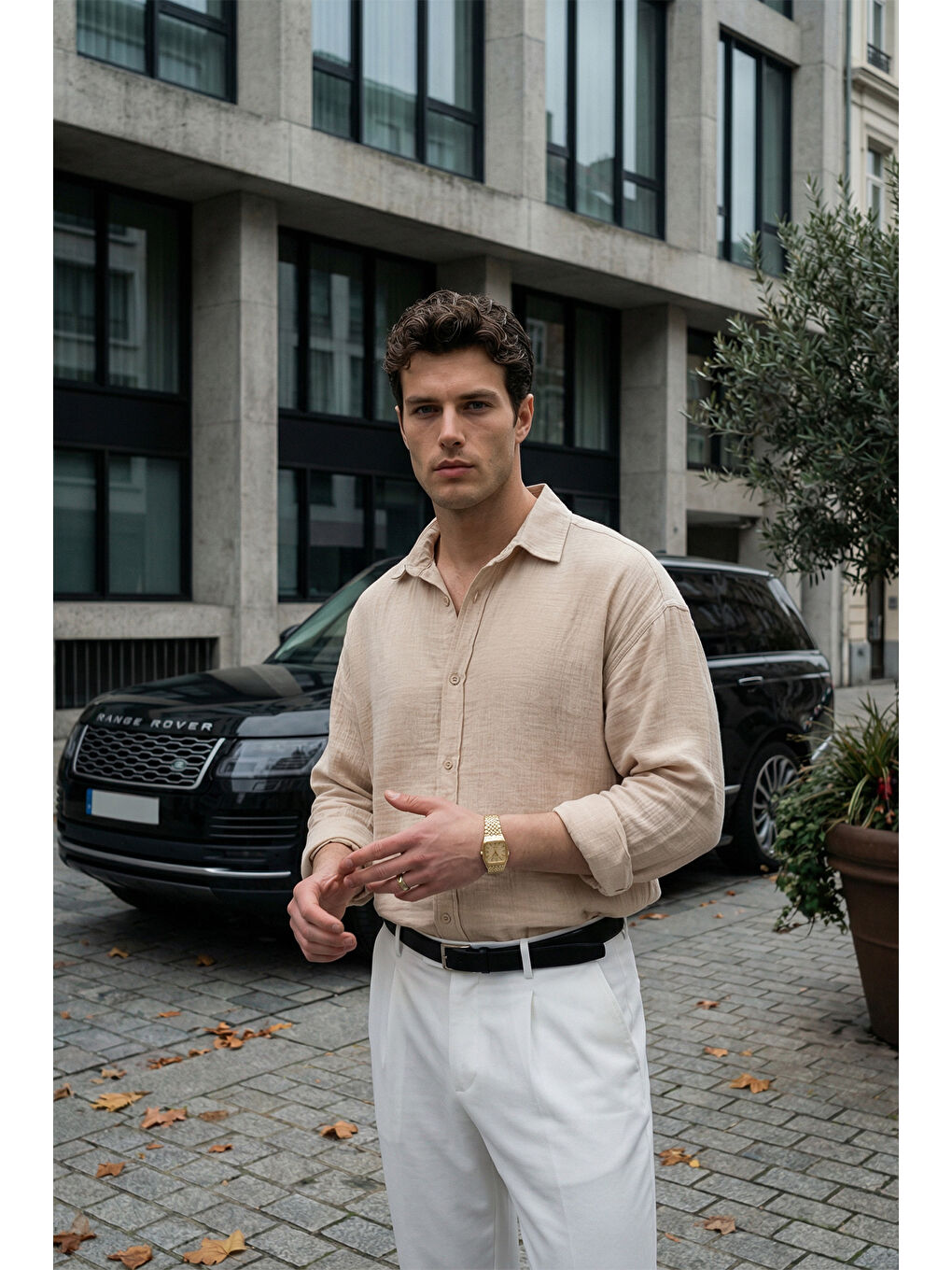 Bej Yurin Erkek Premium Müslin %100 Pamuk Oversize Uzun Kollu Gömlek-1