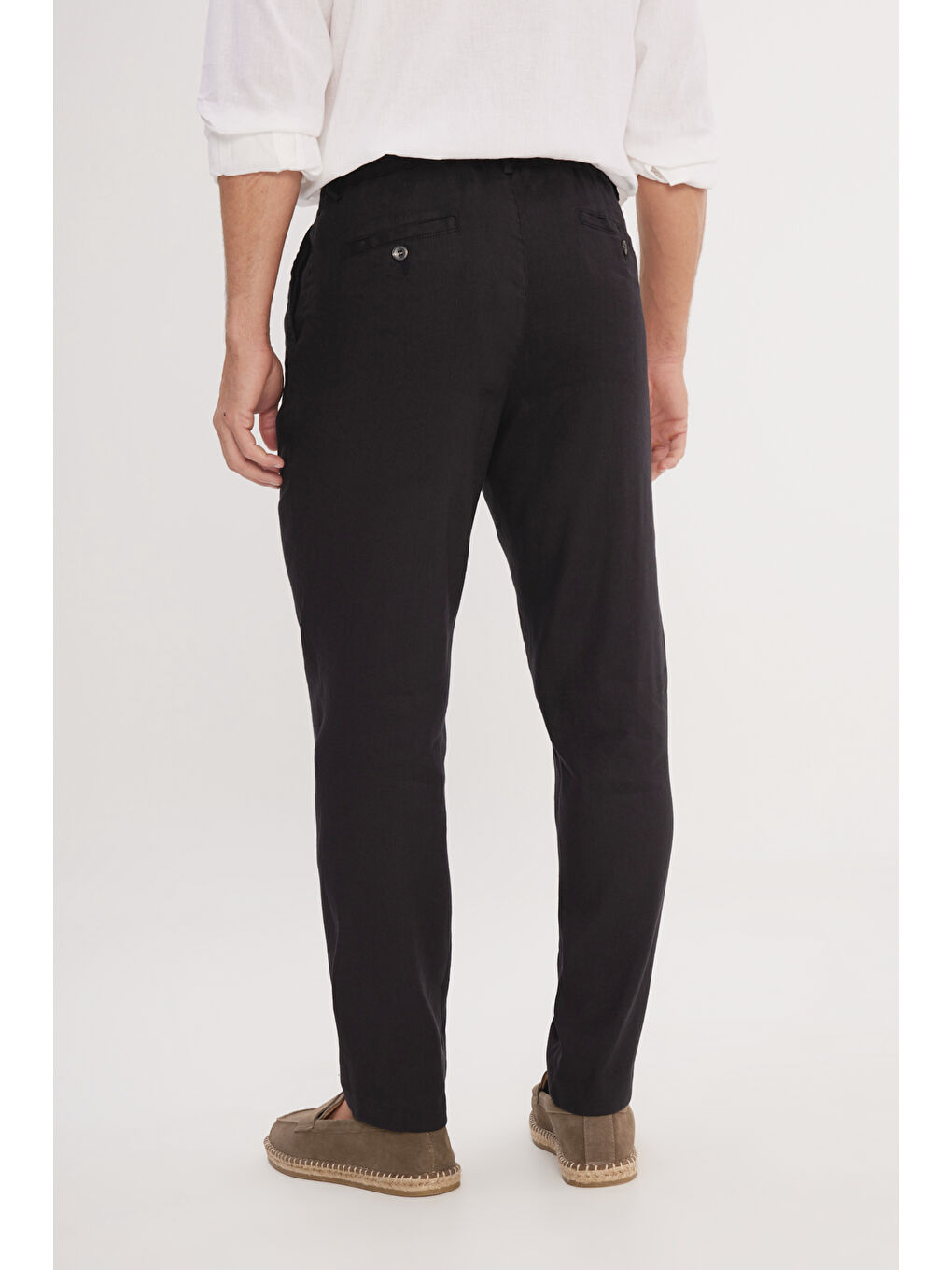 Erkek Siyah Keten Slim Fit Dar Kesim Beli Lastikli Yan Cepli Esnek Pantolon-5