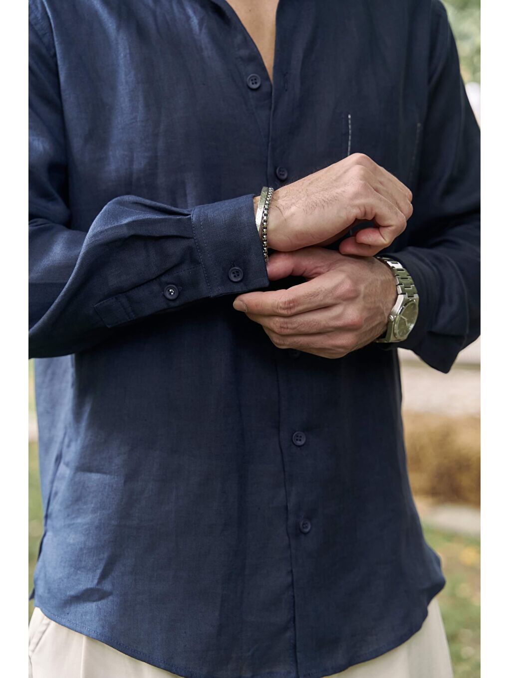 Ombretta Lacivert Keten Oversize Erkek Gömlek-5