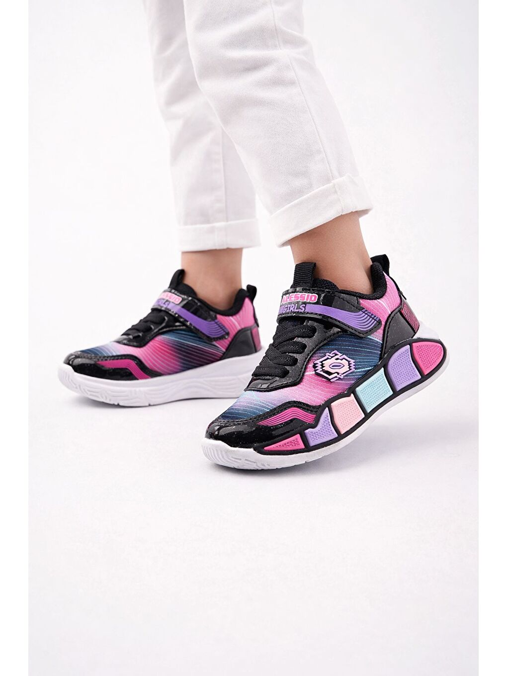 Siyah RAİNBOW Kalın Taban Cırtlı ve Bağcıklı Çocuk Sneaker Spor Ayakkabı-6