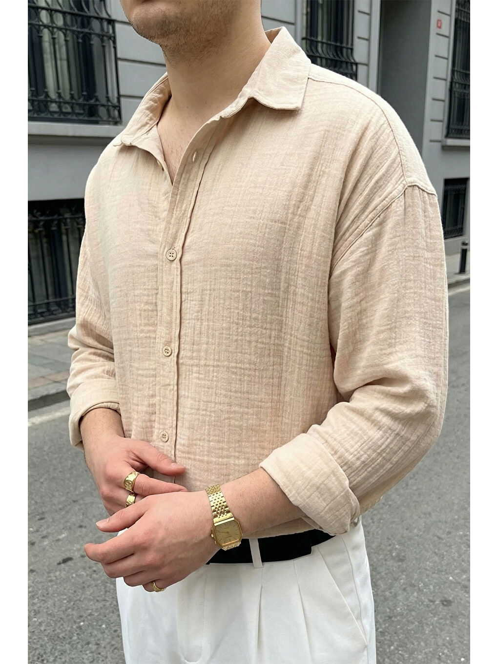 Bej Yurin Erkek Premium Müslin %100 Pamuk Oversize Uzun Kollu Gömlek-2