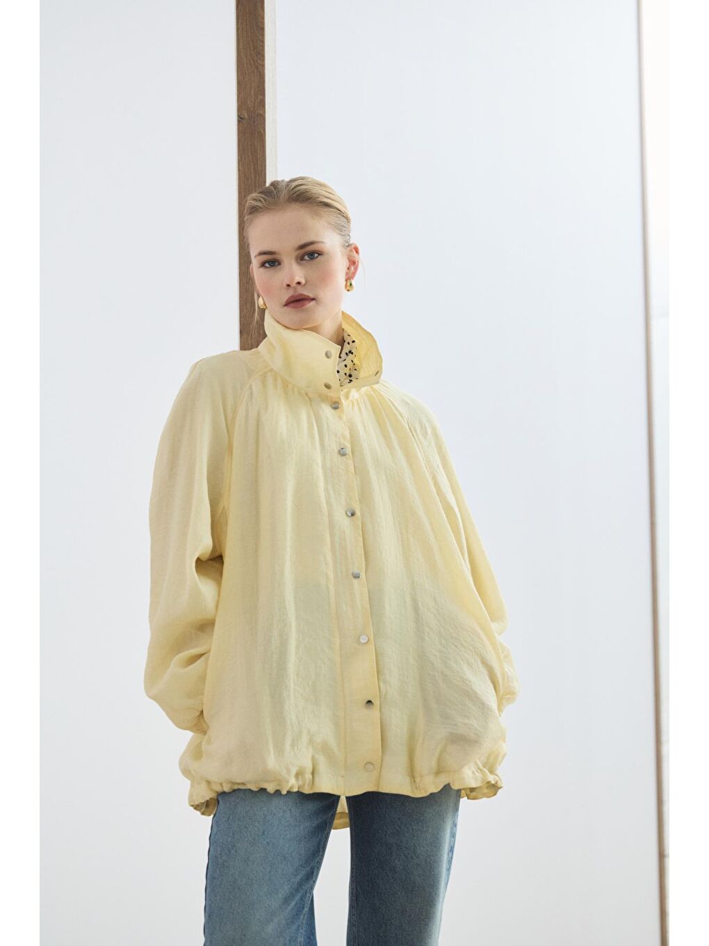 Dik Yaka Büzgülü Bomber Ceket Tereyağı Sarısı-1