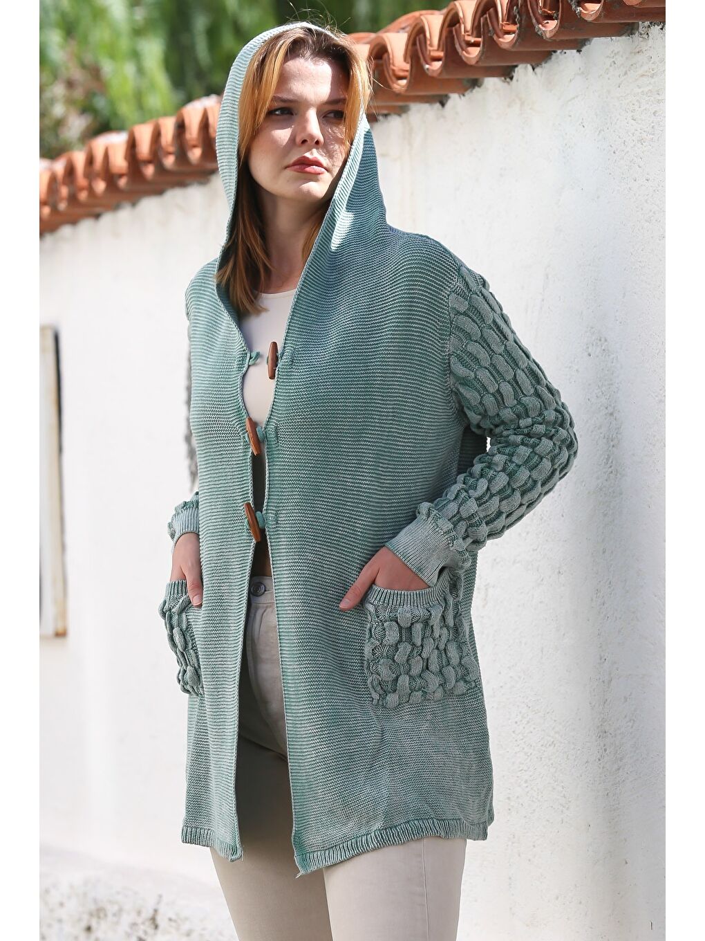 Yeşil Mint Kapüşonlu Uzun Kol Düğmeli Cepli Yıkamalı Casual Ajur Örgü Triko Ceket 82 72-6