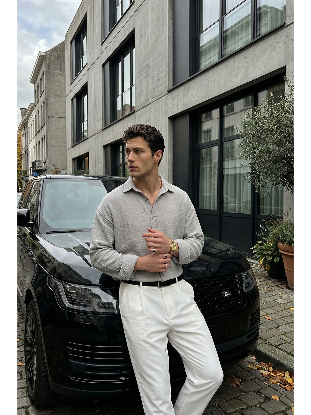 Gri Yurin Erkek Premium Müslin %100 Pamuk Oversize Uzun Kollu Gömlek