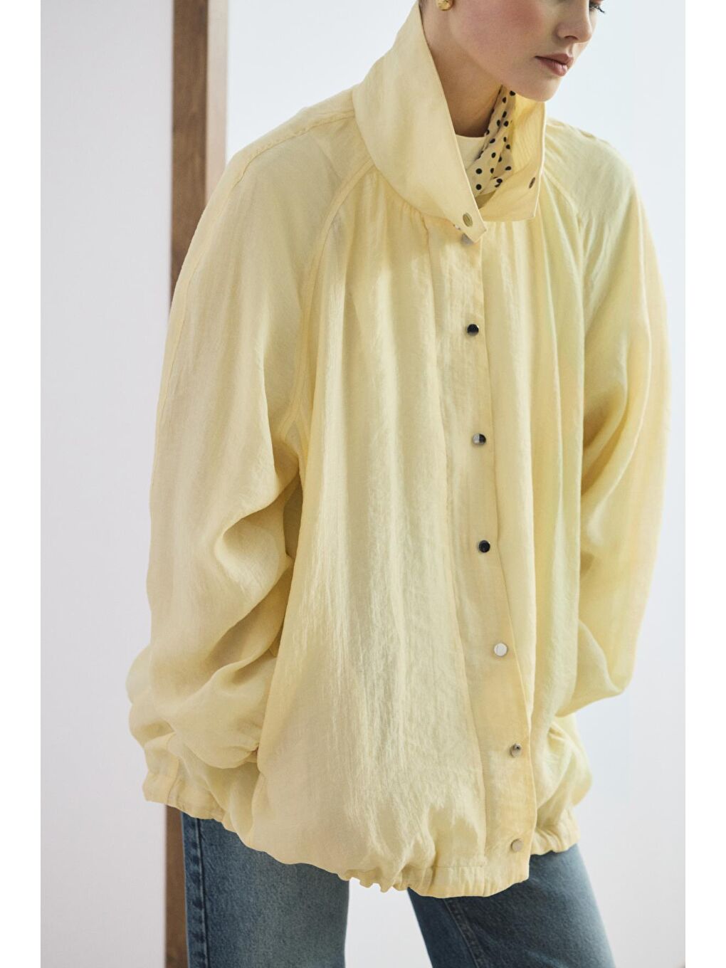 Dik Yaka Büzgülü Bomber Ceket Tereyağı Sarısı-2