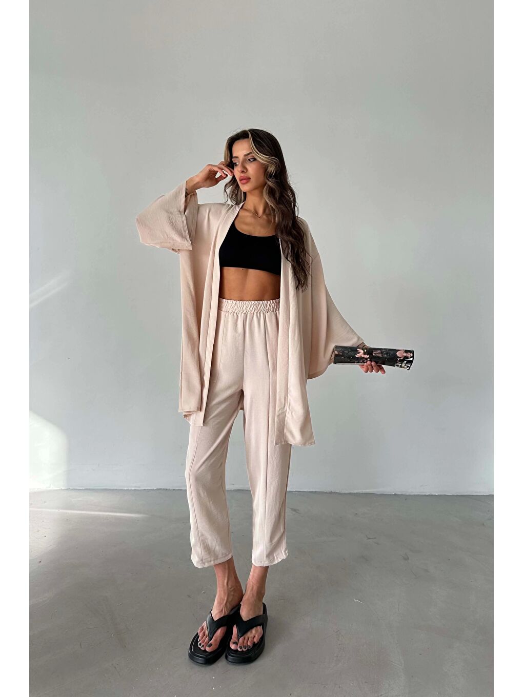 Bej Kadın Taş Kimono Takım 1018-0075-3