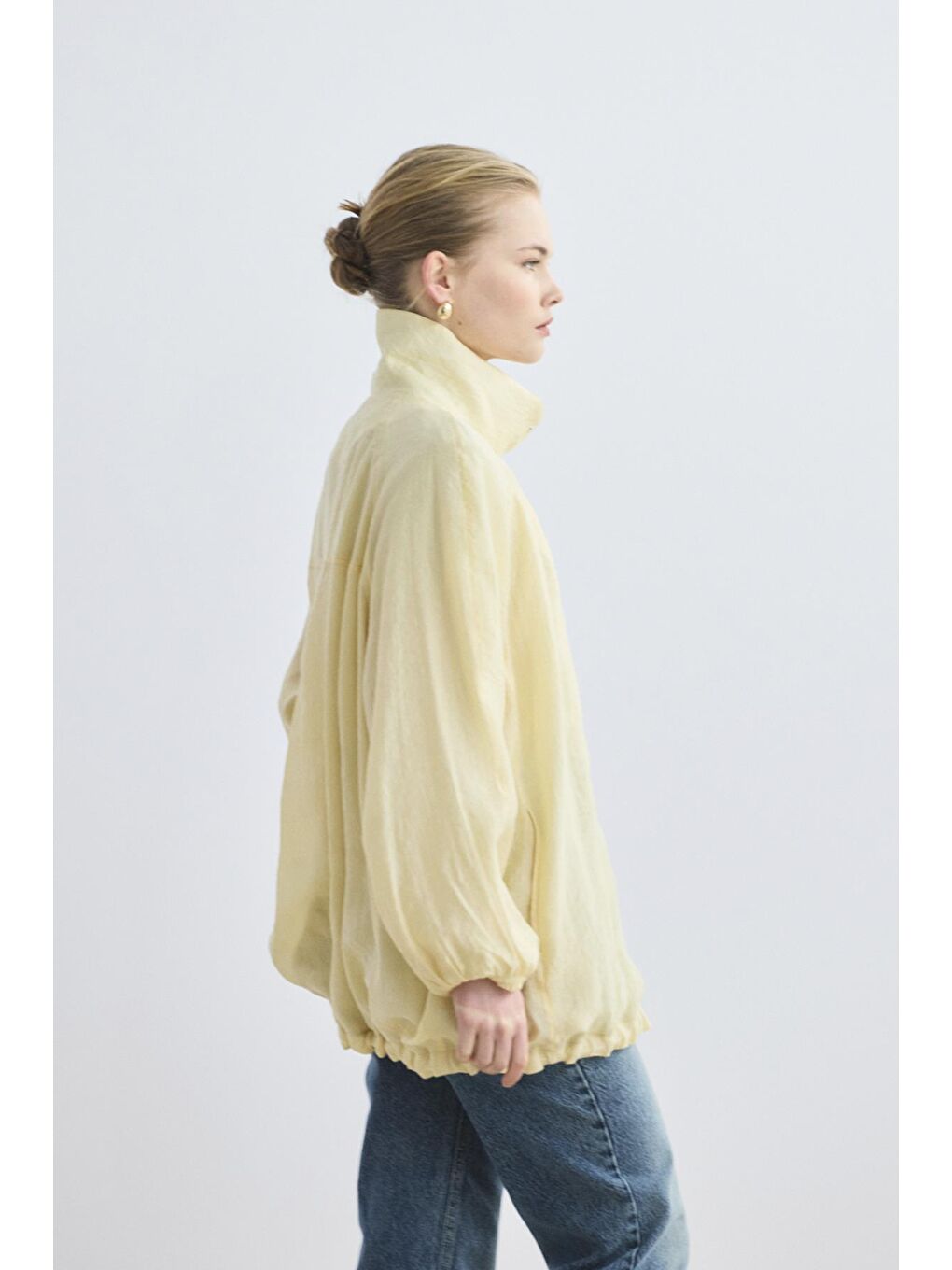 Dik Yaka Büzgülü Bomber Ceket Tereyağı Sarısı-3