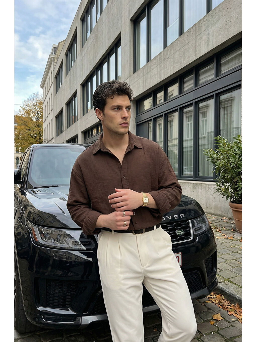 Kahverengi Yurin Erkek Premium Müslin %100 Pamuk Oversize Uzun Kollu Gömlek-4