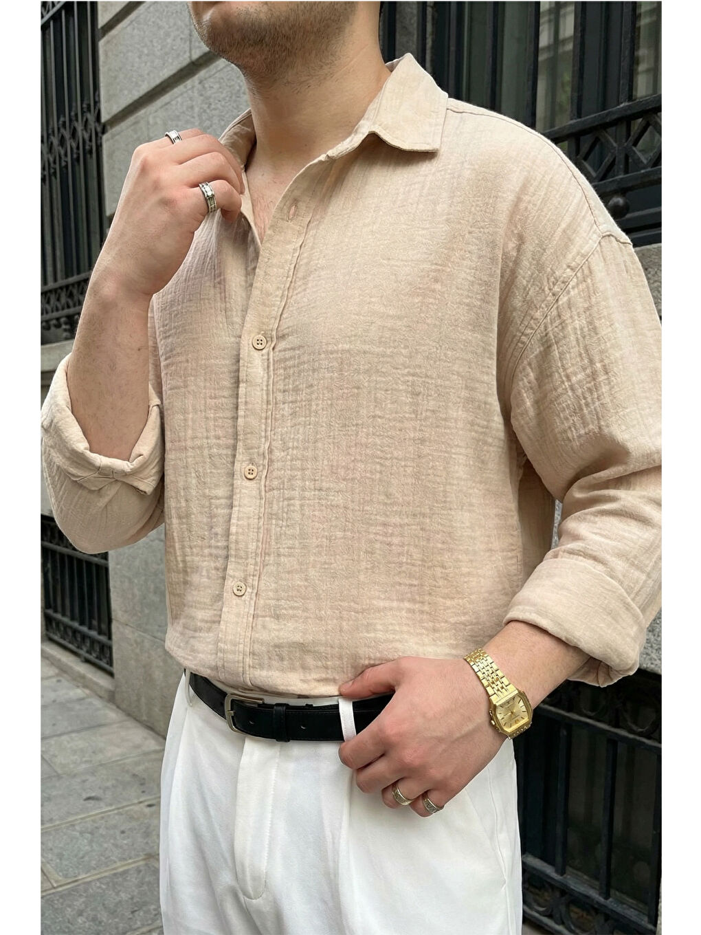 Bej Yurin Erkek Premium Müslin %100 Pamuk Oversize Uzun Kollu Gömlek-3