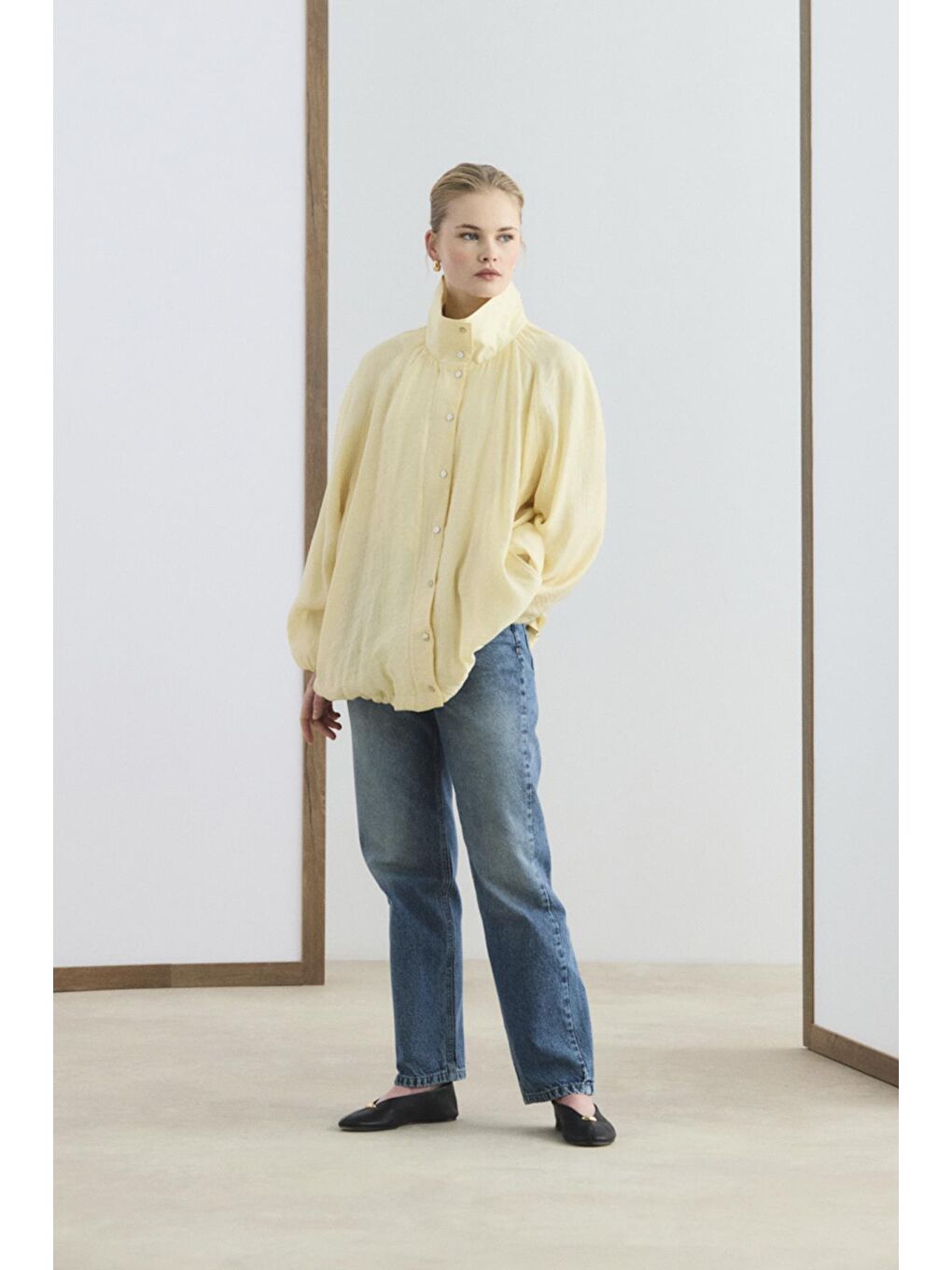 Dik Yaka Büzgülü Bomber Ceket Tereyağı Sarısı-4