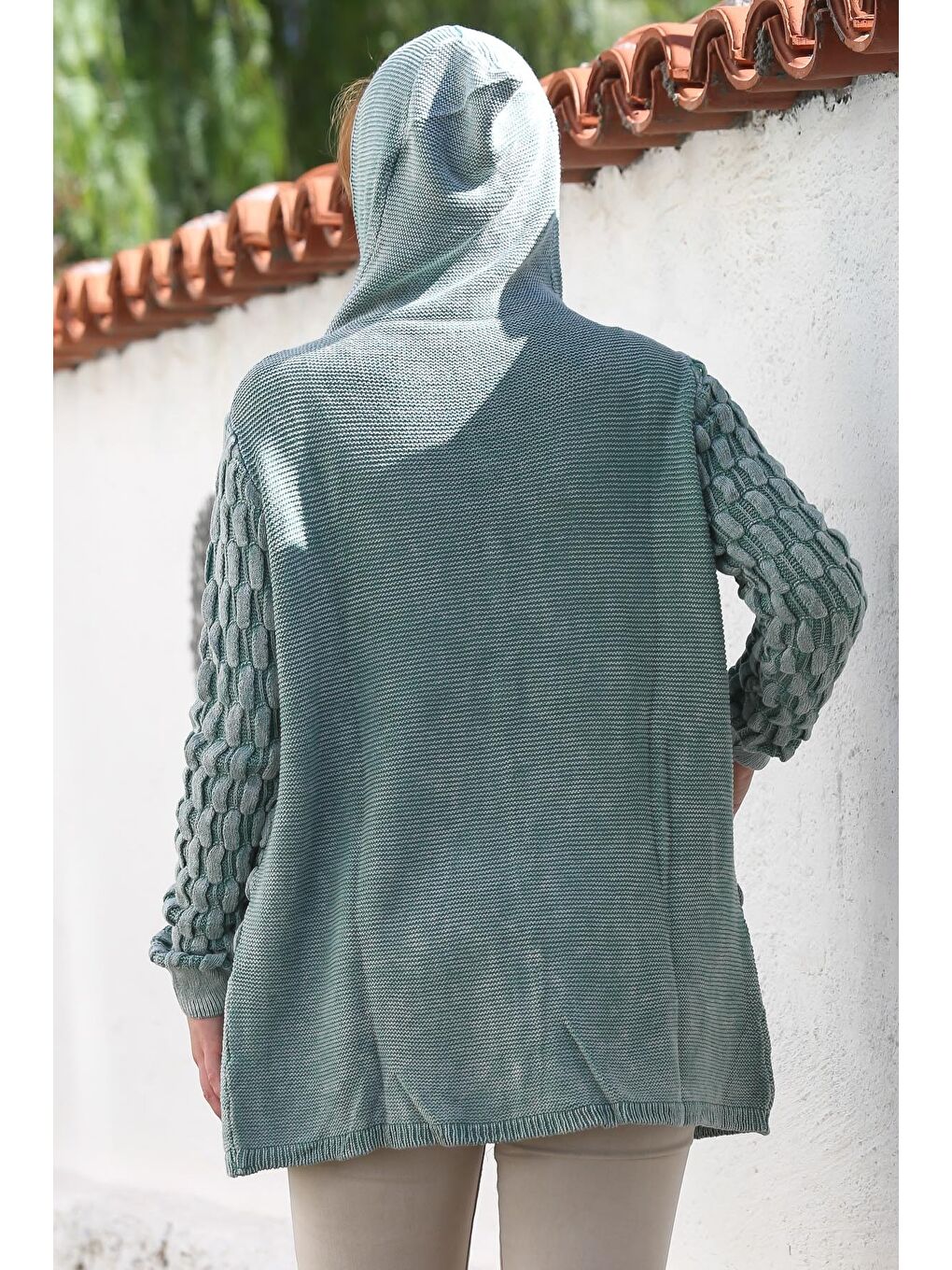 Yeşil Mint Kapüşonlu Uzun Kol Düğmeli Cepli Yıkamalı Casual Ajur Örgü Triko Ceket 82 72-7