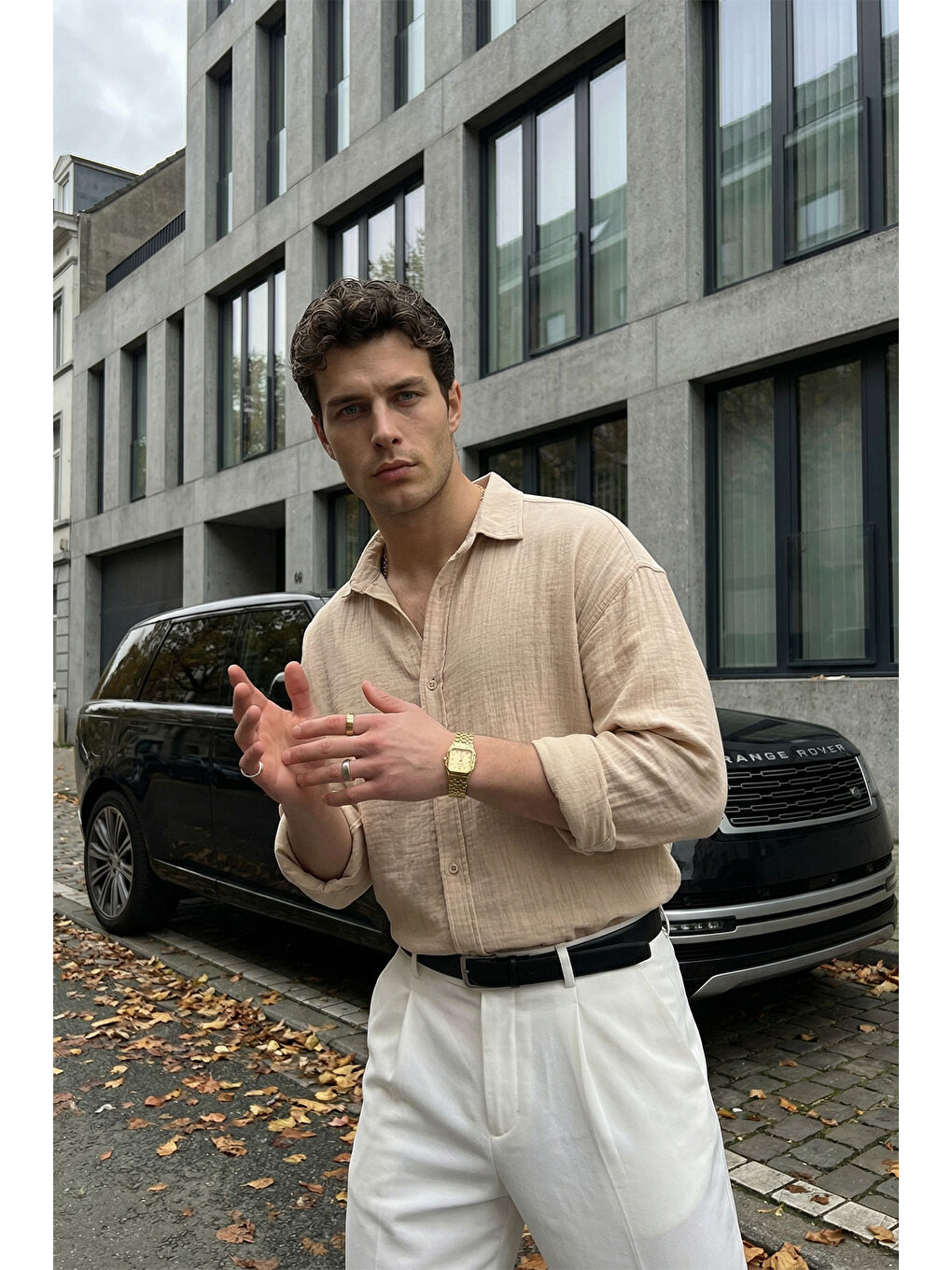 Bej Yurin Erkek Premium Müslin %100 Pamuk Oversize Uzun Kollu Gömlek-4