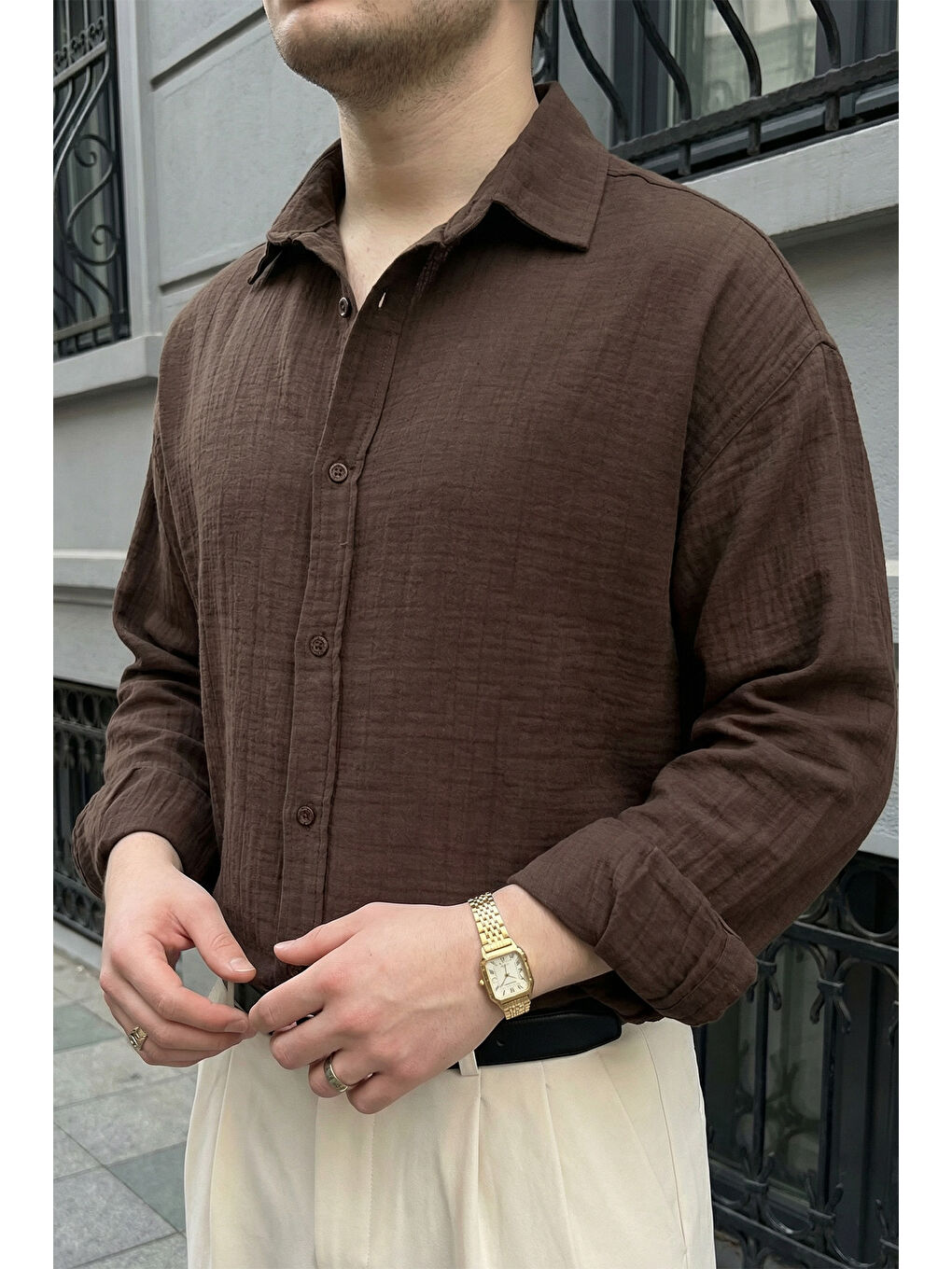 Kahverengi Yurin Erkek Premium Müslin %100 Pamuk Oversize Uzun Kollu Gömlek-5