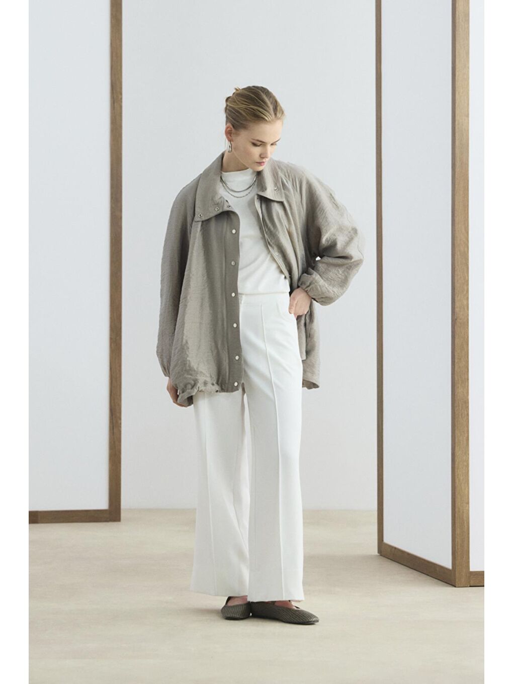 Bej Dik Yaka Büzgülü Bomber Ceket Vizon-2