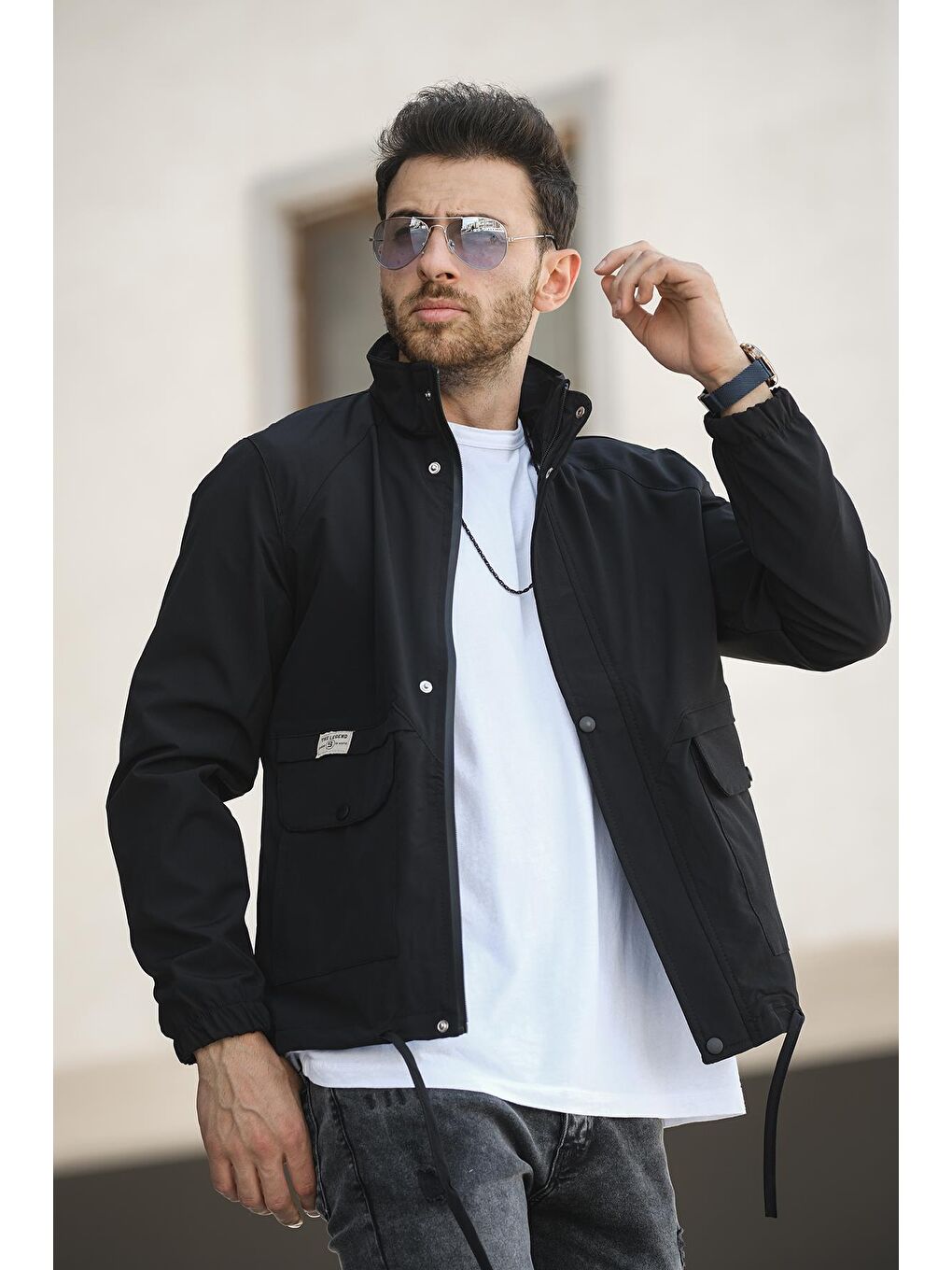 Oksit Siyah Juan Slim Fit Su İtici Bağcık Detaylı Kapüşonlu Erkek Mevsimlik Mont Yağmurluk