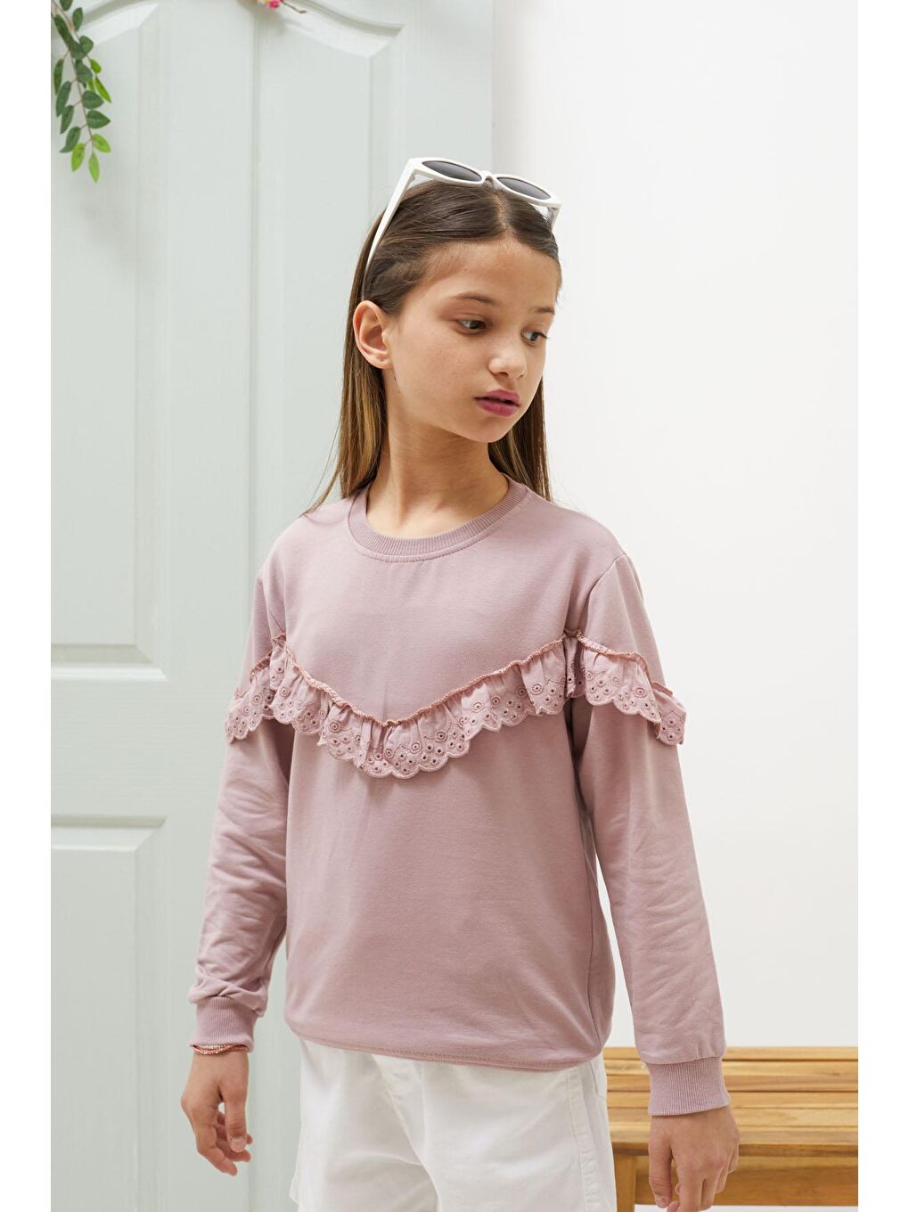 Pembe Life Kids Club Gülkurusu Gül Kurusu Dantel Detaylı Bisiklet Yaka Kız Çocuk Sweatshirt 18546