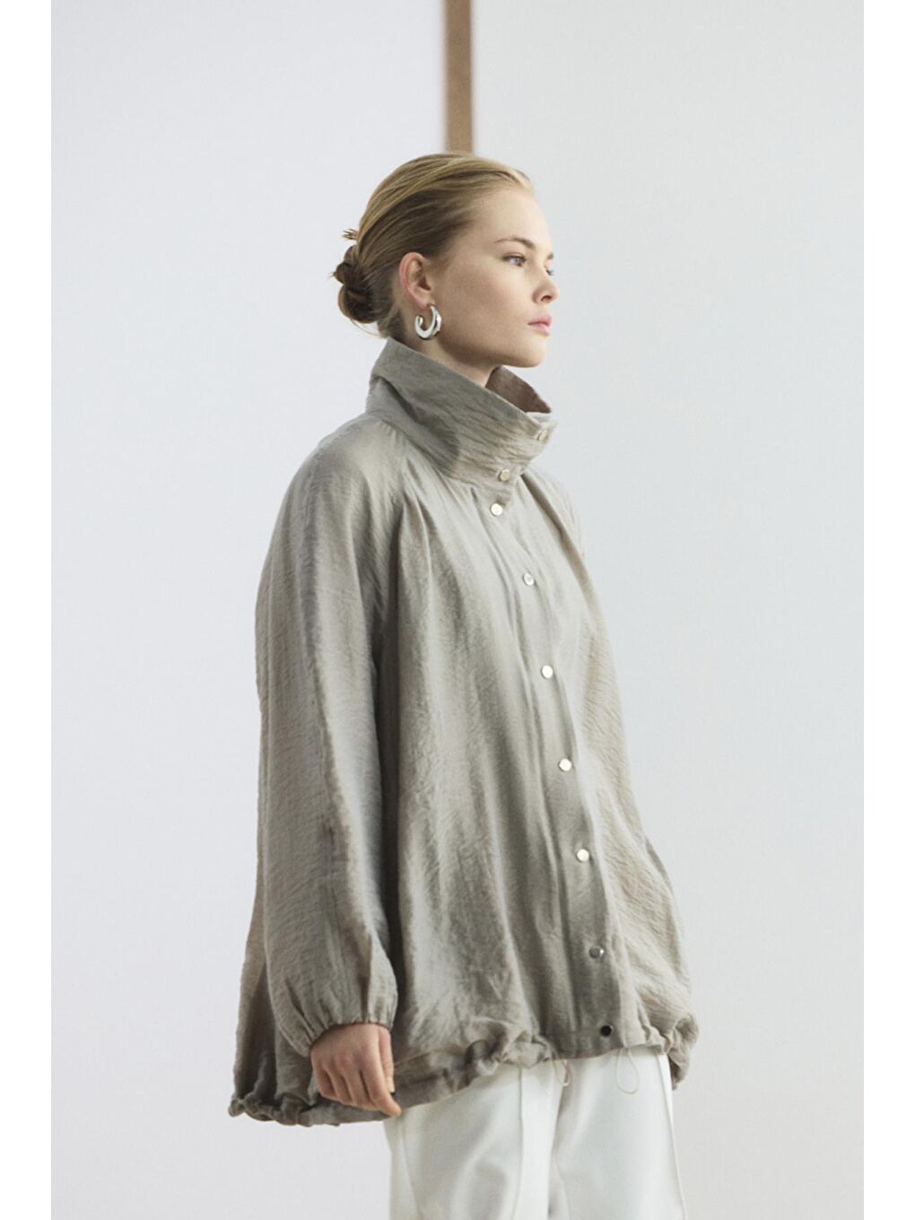 Bej Dik Yaka Büzgülü Bomber Ceket Vizon-3