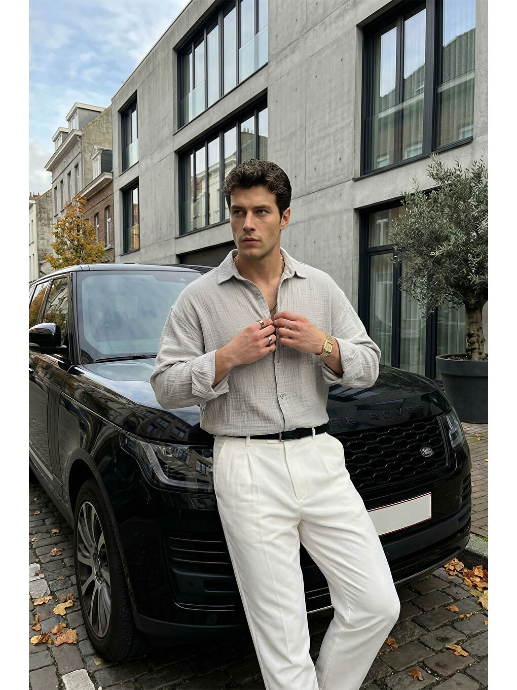 Gri Yurin Erkek Premium Müslin %100 Pamuk Oversize Uzun Kollu Gömlek-1