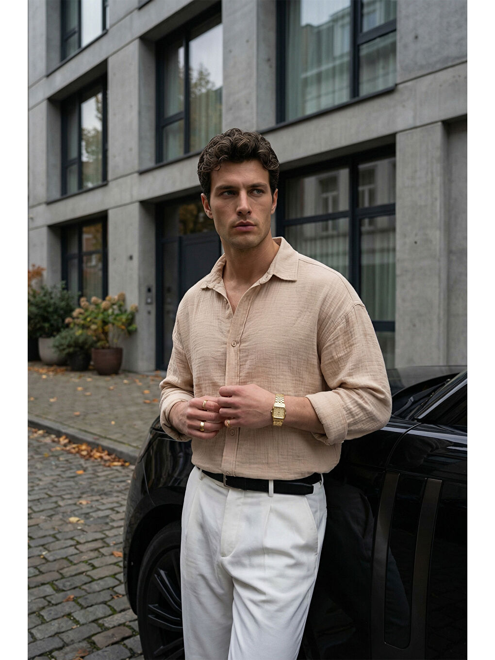 Bej Yurin Erkek Premium Müslin %100 Pamuk Oversize Uzun Kollu Gömlek-5