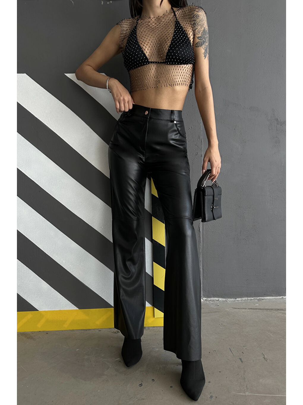 Kadın Siyah Palazzo Deri Pantolon 0291-10046-5