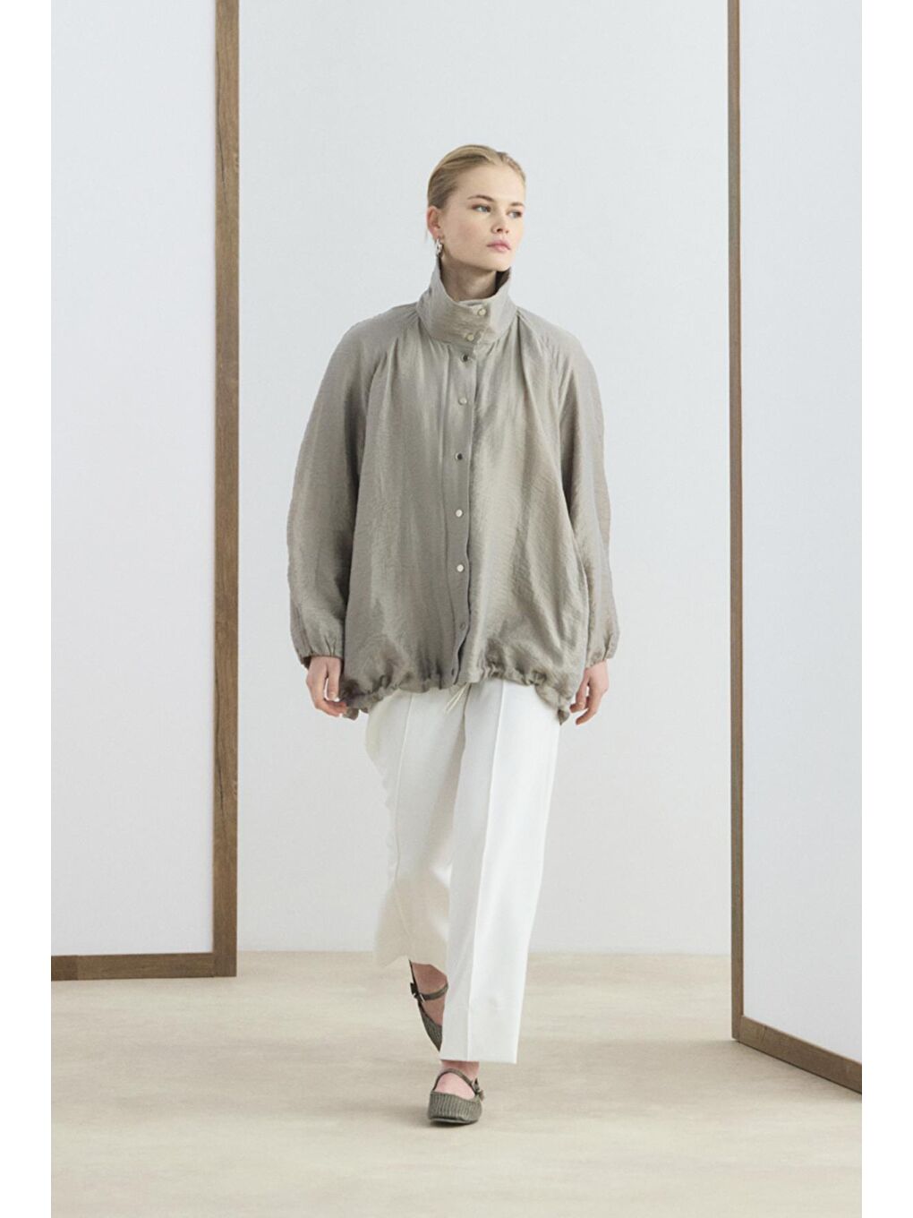 Bej Dik Yaka Büzgülü Bomber Ceket Vizon-4