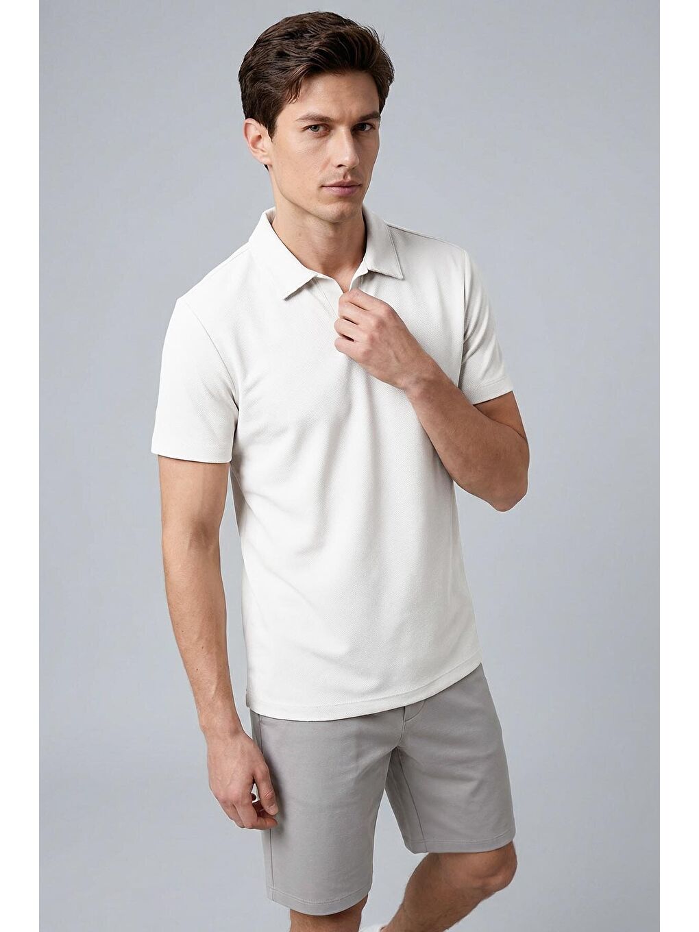 Ekru Rahat Form Yumuşak Dokulu Polo Yaka Erkek T-Shirt - 88496