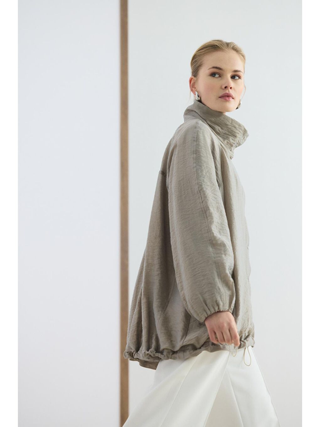 Bej Dik Yaka Büzgülü Bomber Ceket Vizon-5