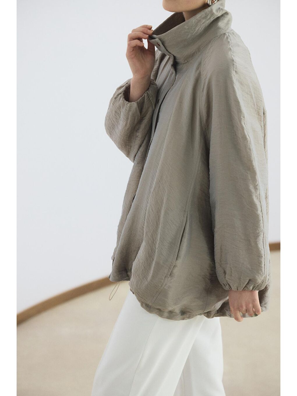 Bej Dik Yaka Büzgülü Bomber Ceket Vizon-6