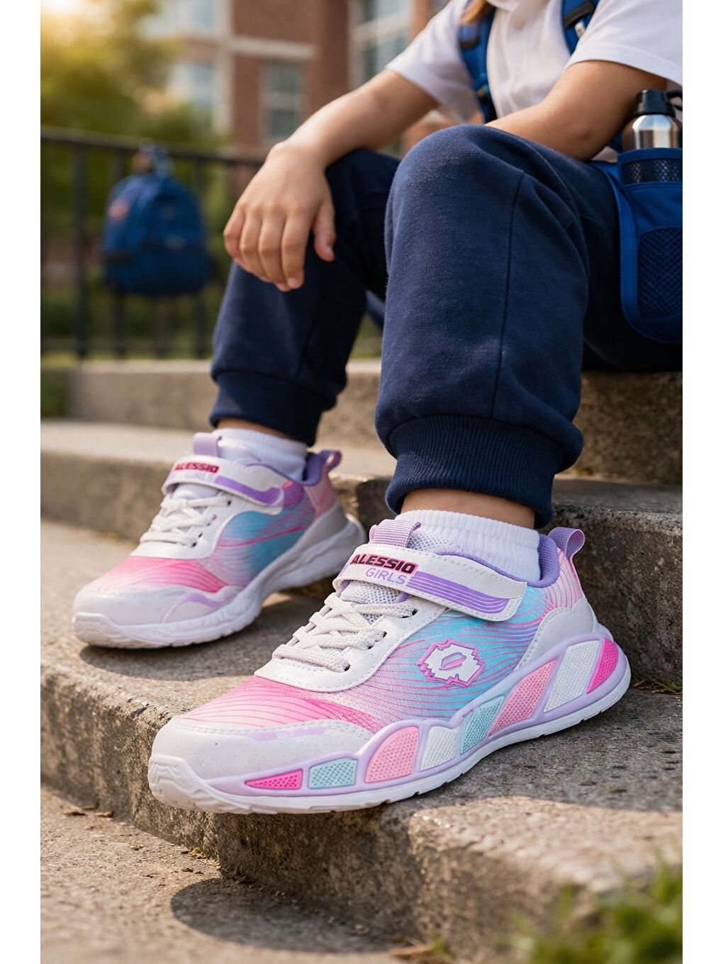 Pembe RAİNBOW Kalın Taban Cırtlı ve Bağcıklı Çocuk Sneaker Spor Ayakkabı-4