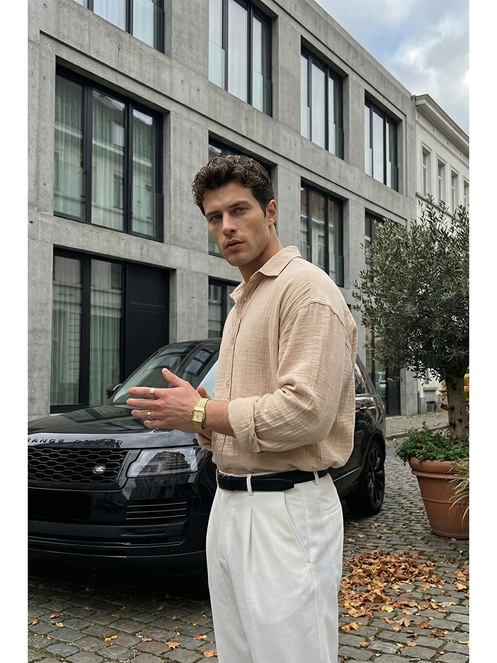 Bej Yurin Erkek Premium Müslin %100 Pamuk Oversize Uzun Kollu Gömlek-7