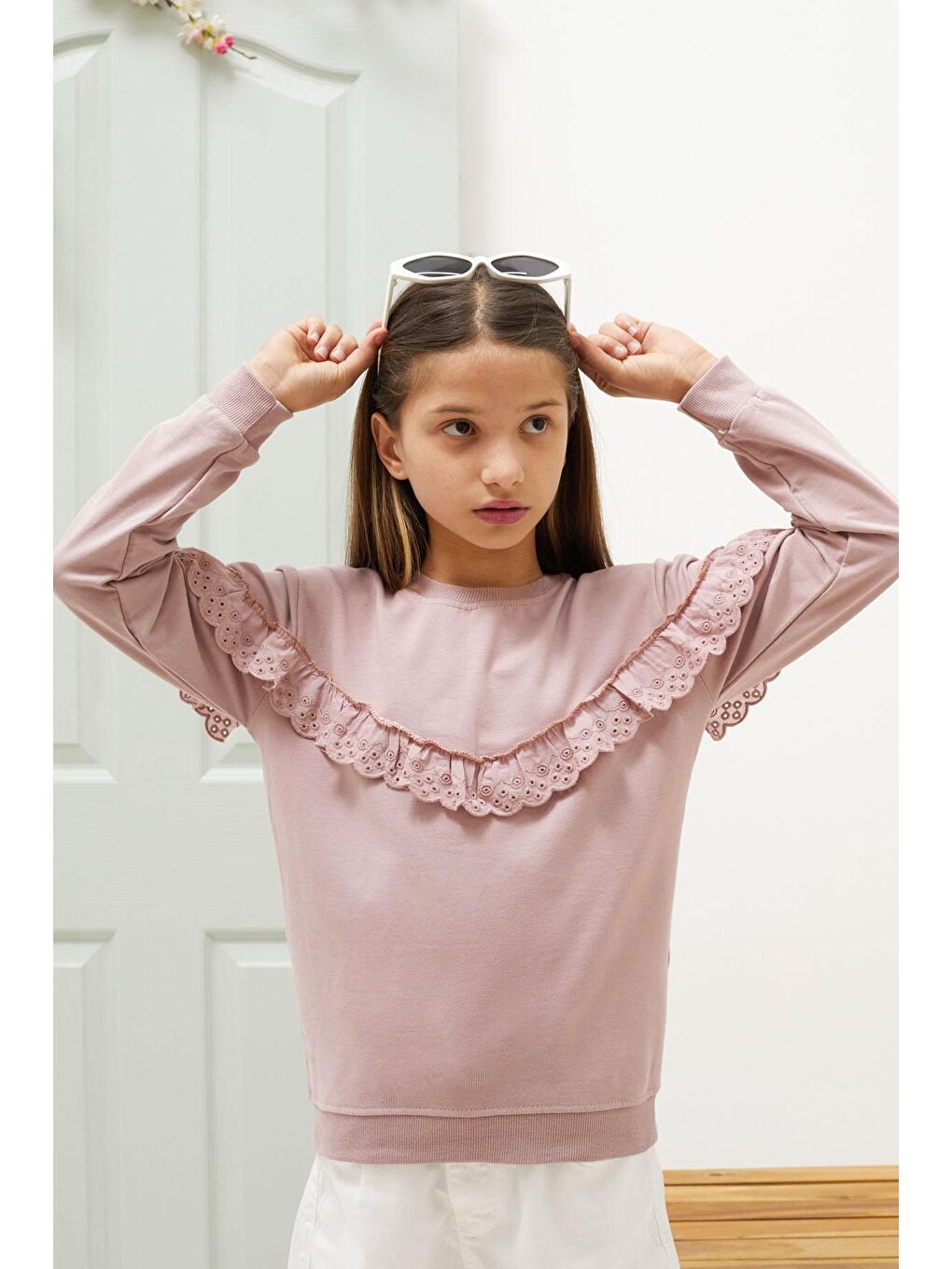 Pembe Life Kids Club Gülkurusu Gül Kurusu Dantel Detaylı Bisiklet Yaka Kız Çocuk Sweatshirt 18546 - 2