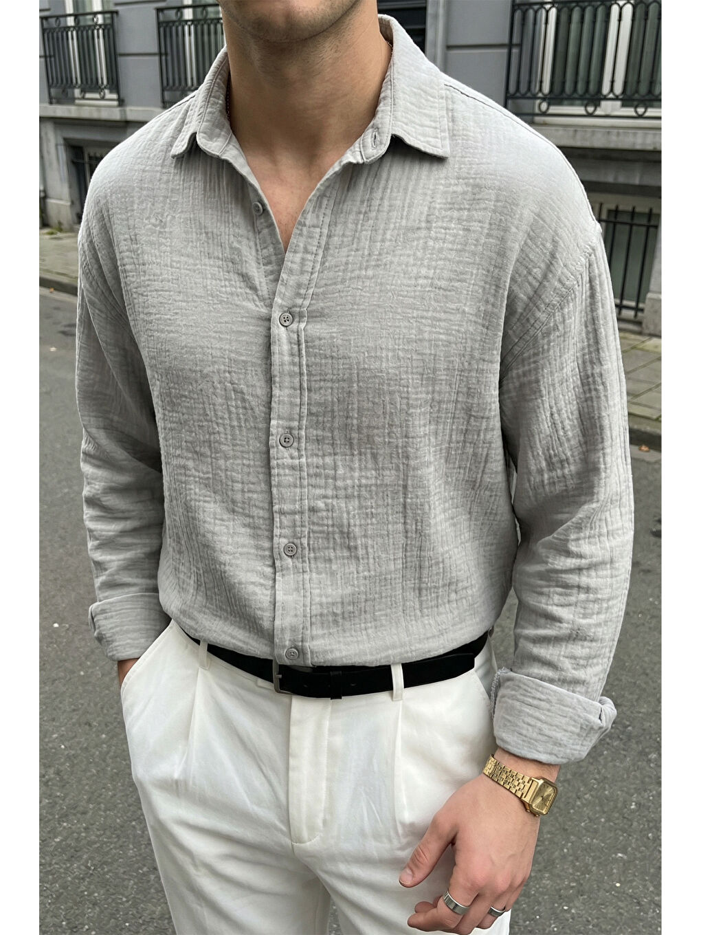 Gri Yurin Erkek Premium Müslin %100 Pamuk Oversize Uzun Kollu Gömlek-3