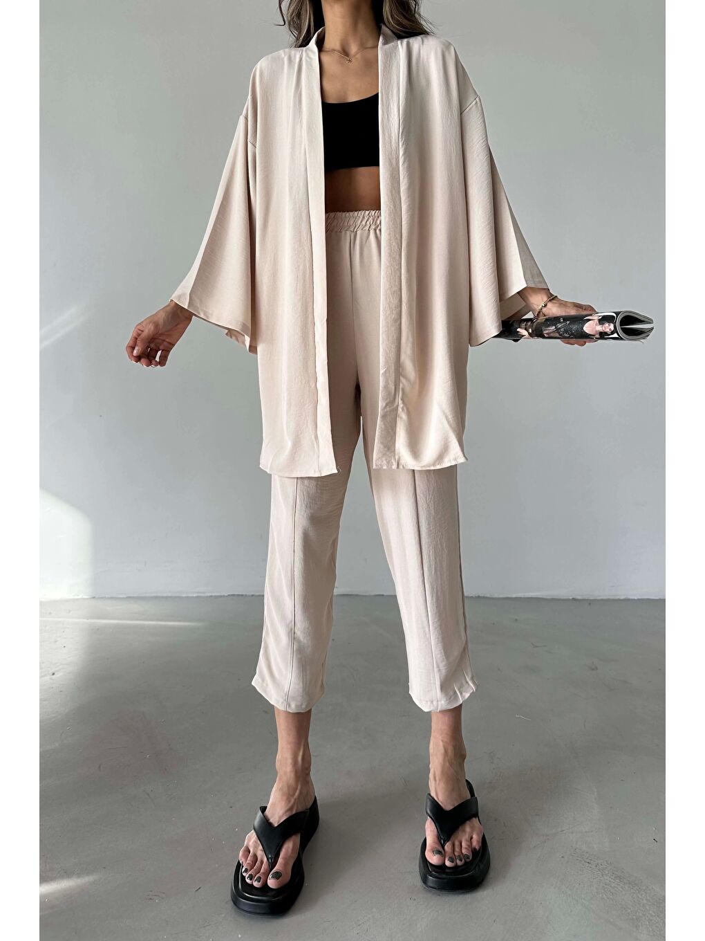 Bej Kadın Taş Kimono Takım 1018-0075-4