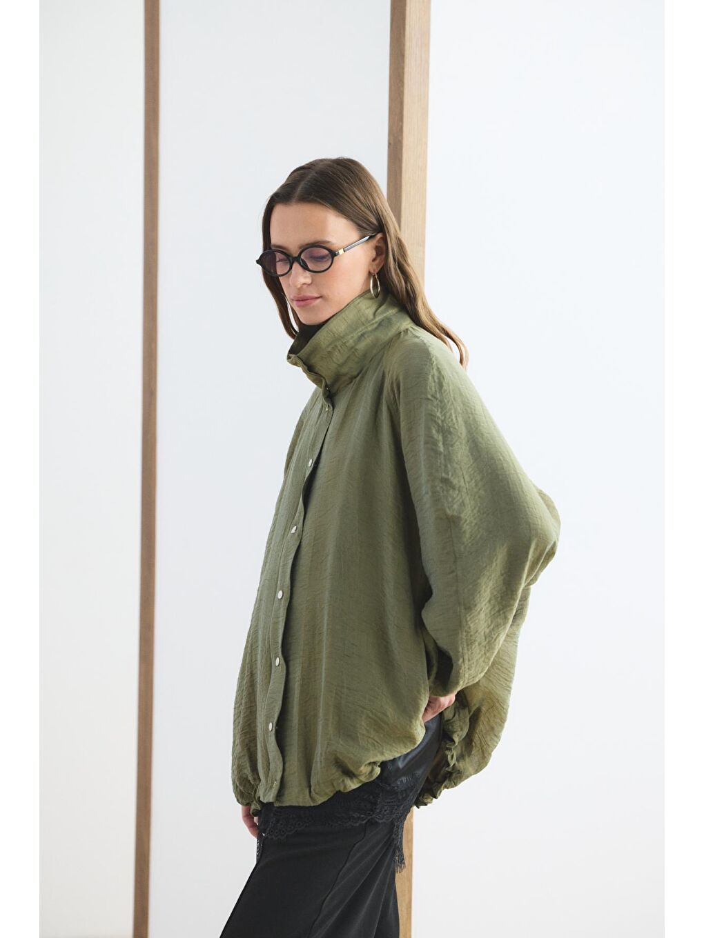 Yeşil Dik Yaka Büzgülü Bomber Ceket Zeytin-3