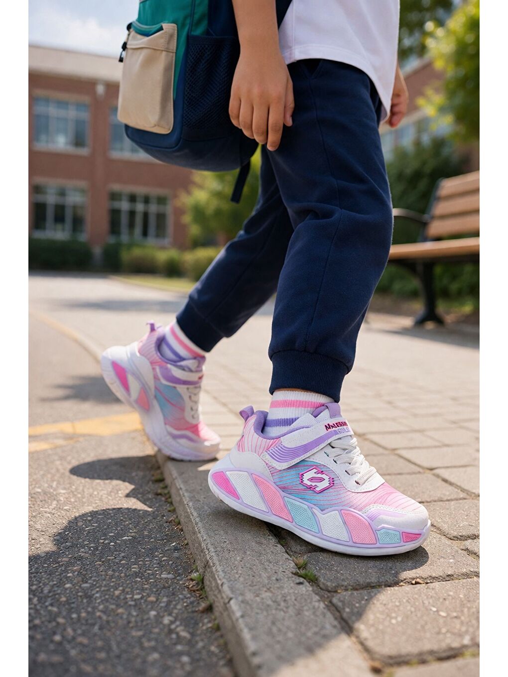 Pembe RAİNBOW Kalın Taban Cırtlı ve Bağcıklı Çocuk Sneaker Spor Ayakkabı-5