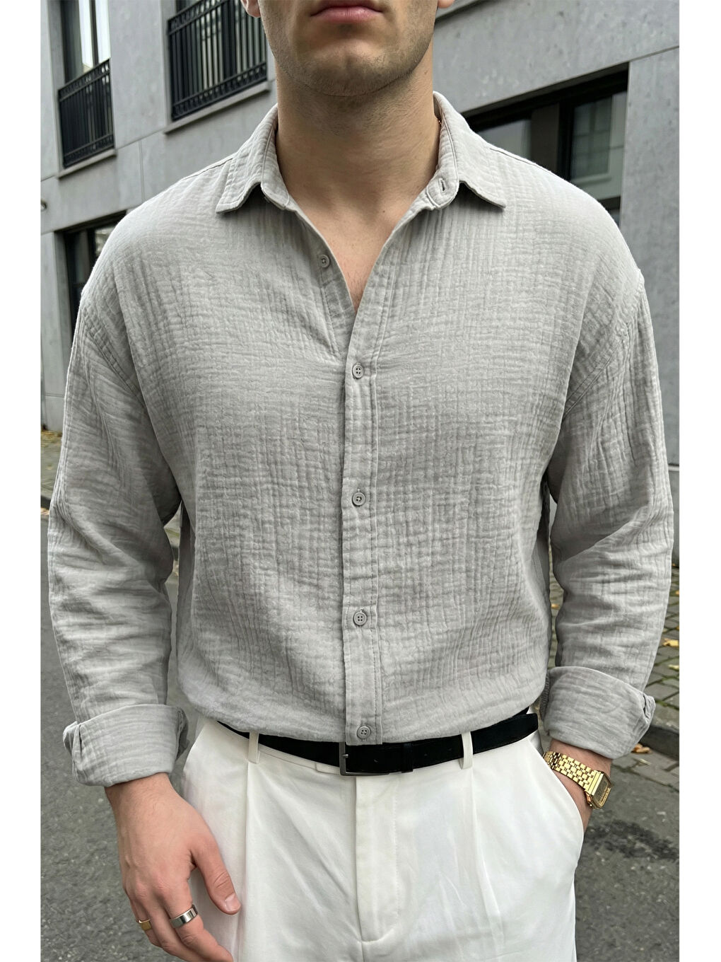 Gri Yurin Erkek Premium Müslin %100 Pamuk Oversize Uzun Kollu Gömlek-4