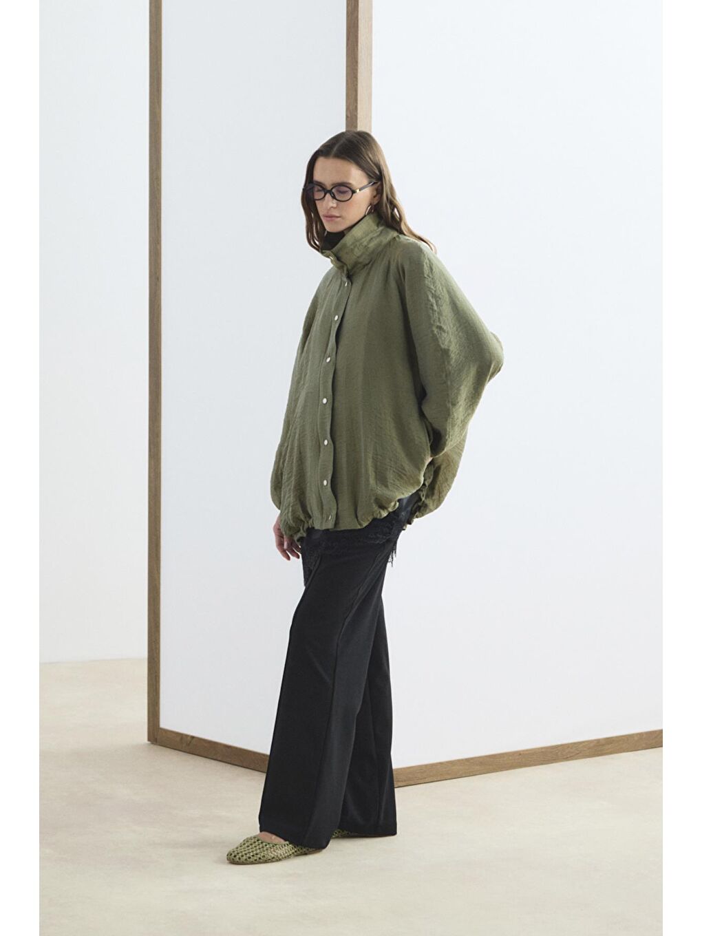 Yeşil Dik Yaka Büzgülü Bomber Ceket Zeytin-6