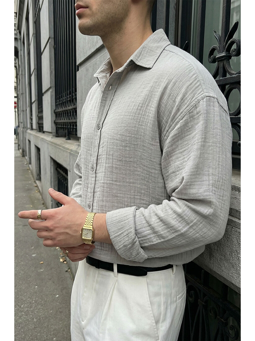 Gri Yurin Erkek Premium Müslin %100 Pamuk Oversize Uzun Kollu Gömlek-5